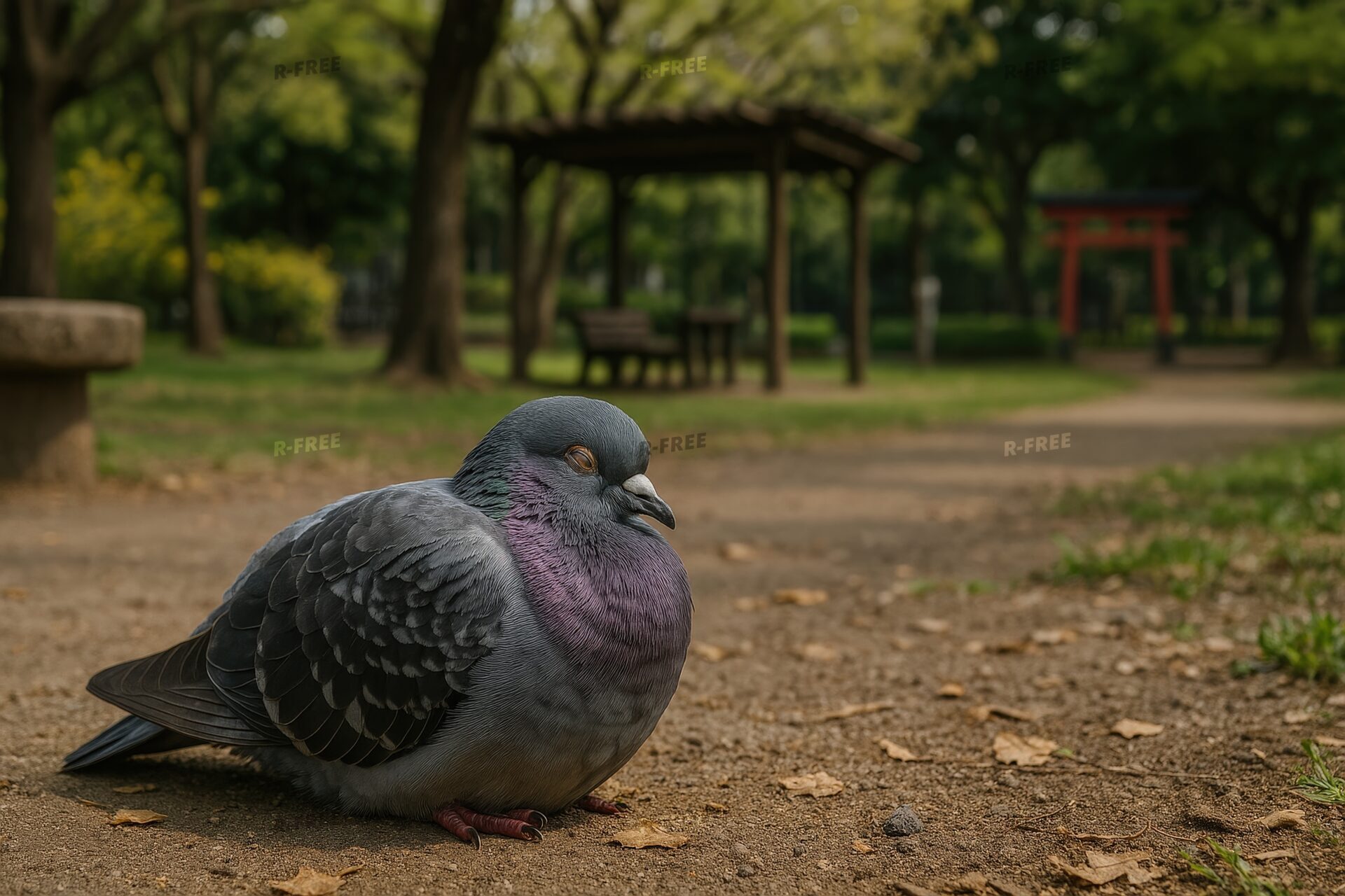 緑に囲まれた公園で休むカワラバト