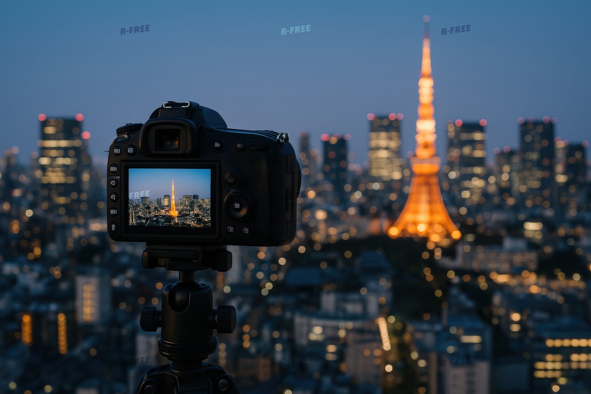 一眼レフカメラで東京タワーを撮影中（夜景）