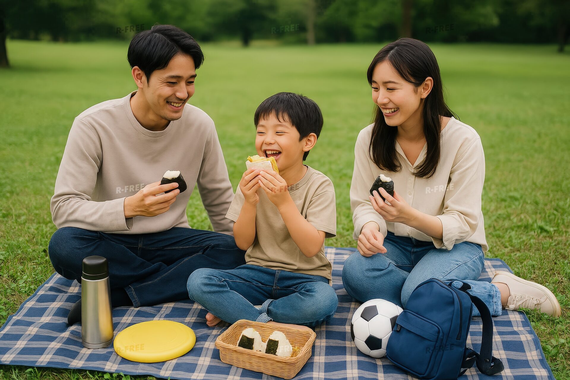 笑顔でおにぎりを食べる親子