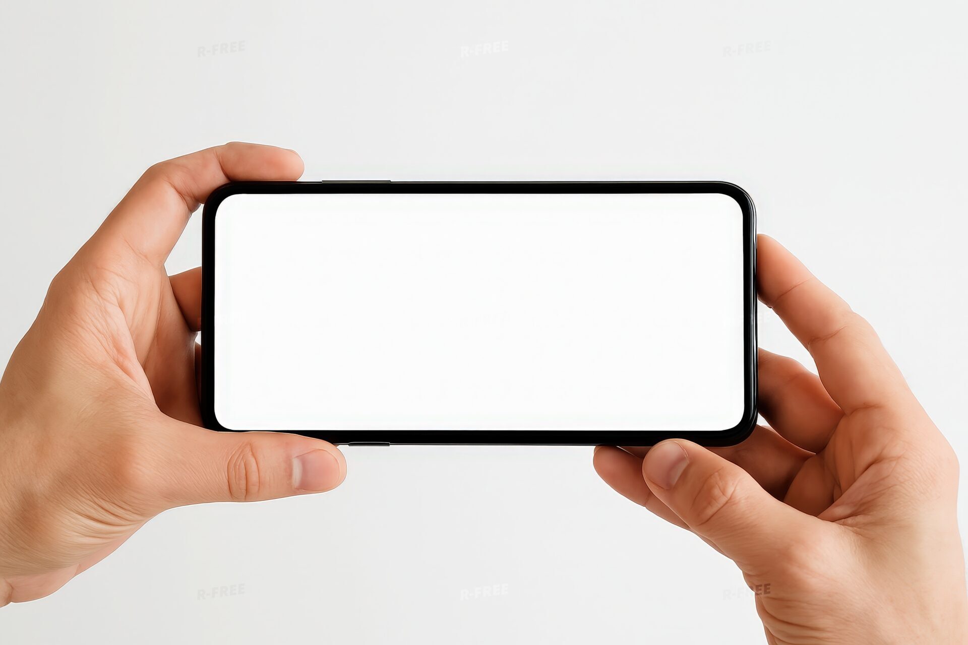 スマートフォンを横向きに持つ手（明るい背景・画面モックアップ）