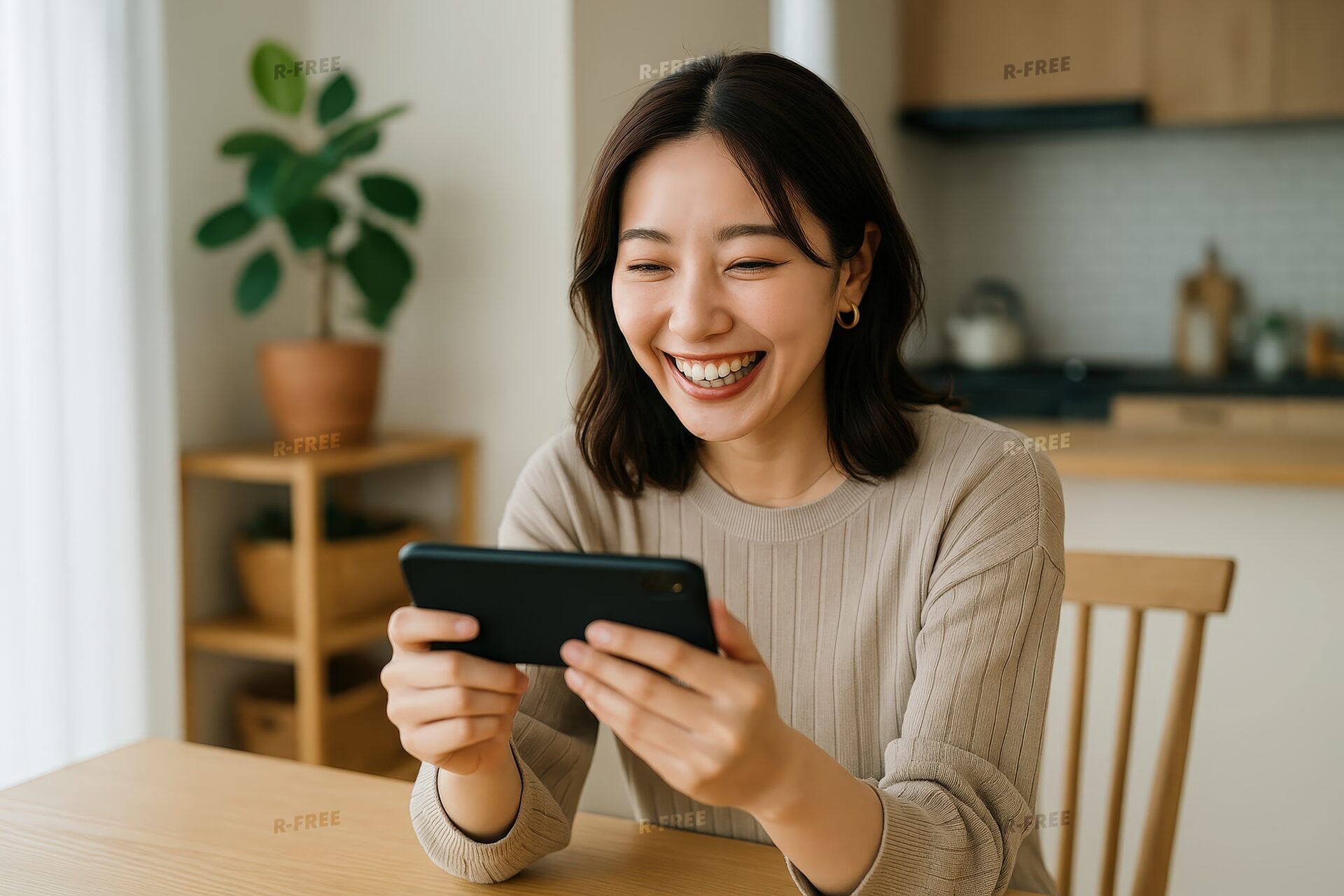 テーブルでスマホを見て笑う女性（植物のある部屋）