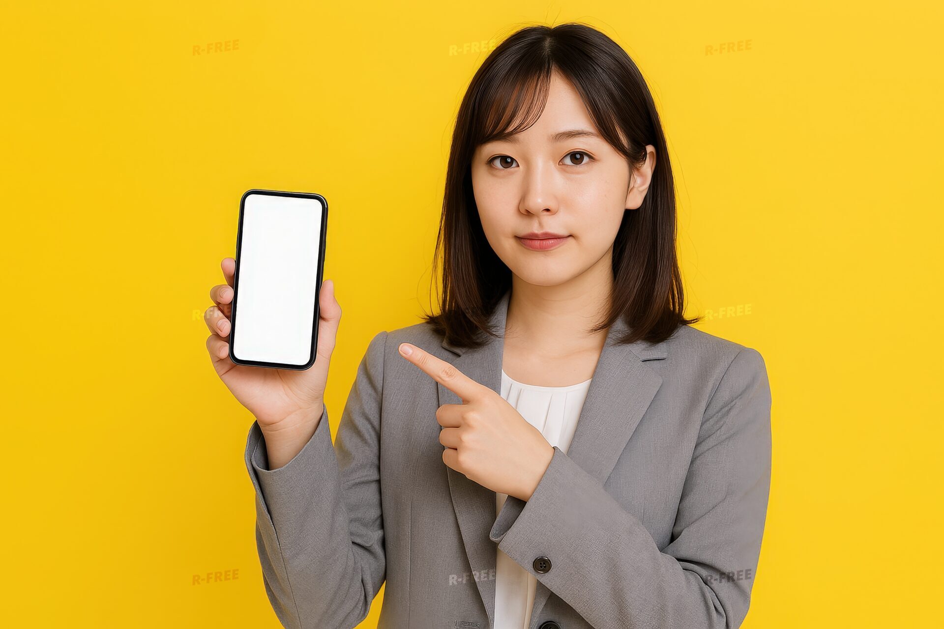 スーツ姿の女性がスマホを指差し（黄背景・グレースーツ）