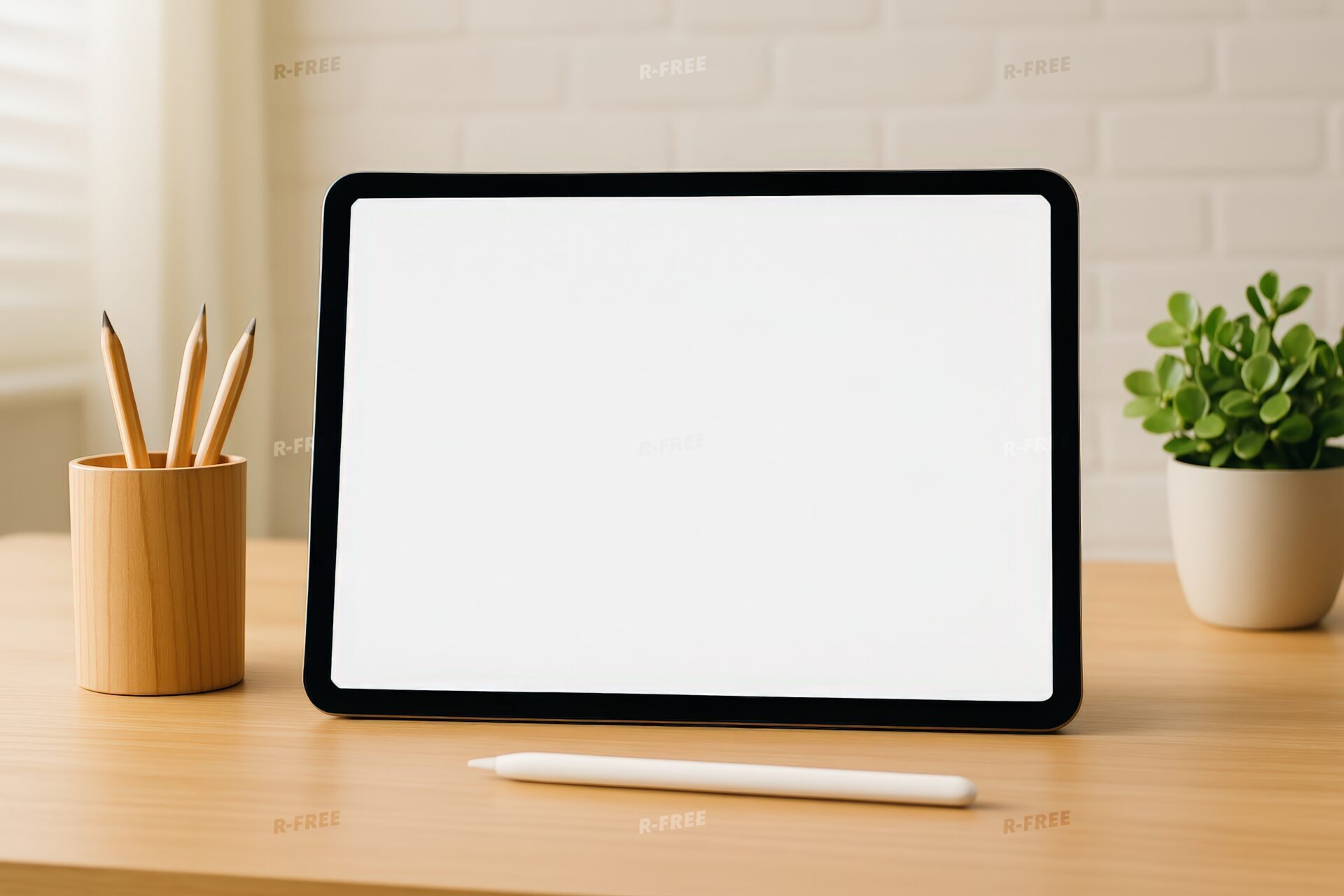 鉛筆立てとタブレットのあるデスク