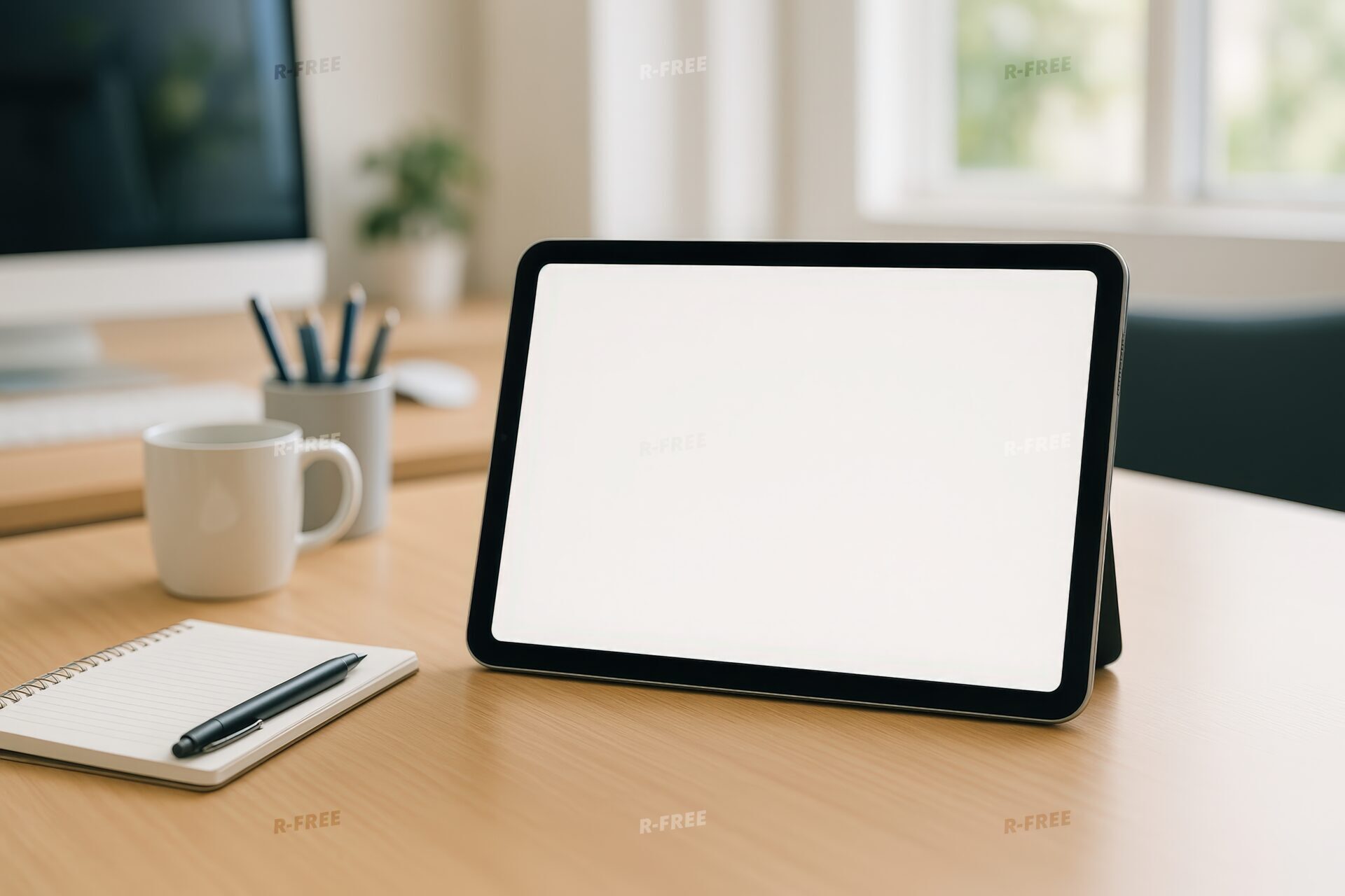 ノートとカップのあるタブレット環境