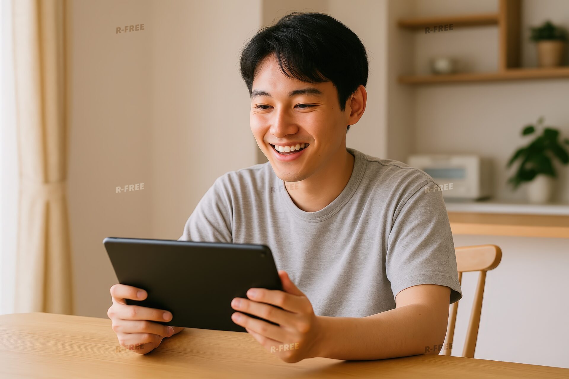 木製テーブルで笑顔でタブレットを両手操作する男性