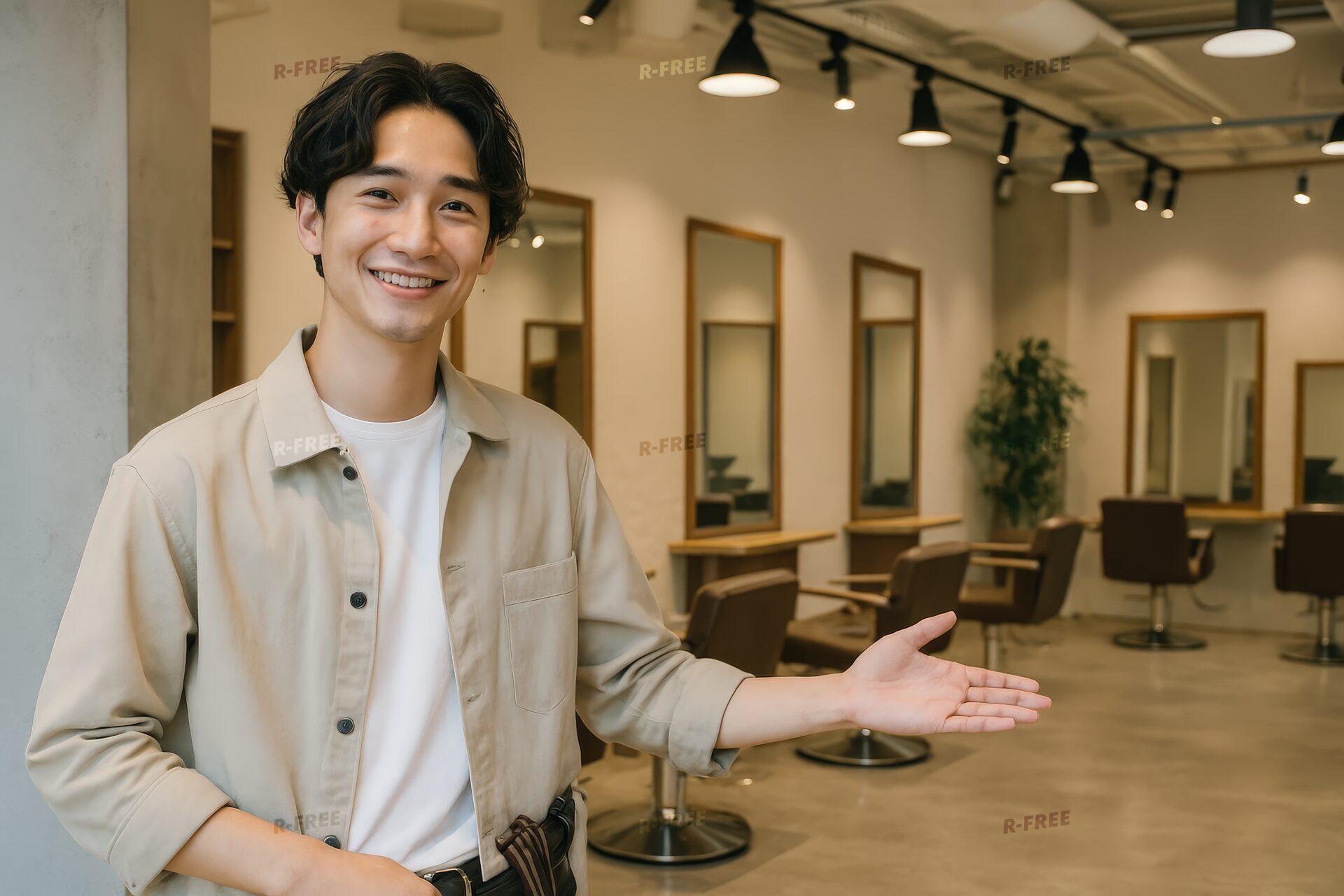 美容師がヘアサロンを紹介（白シャツ）