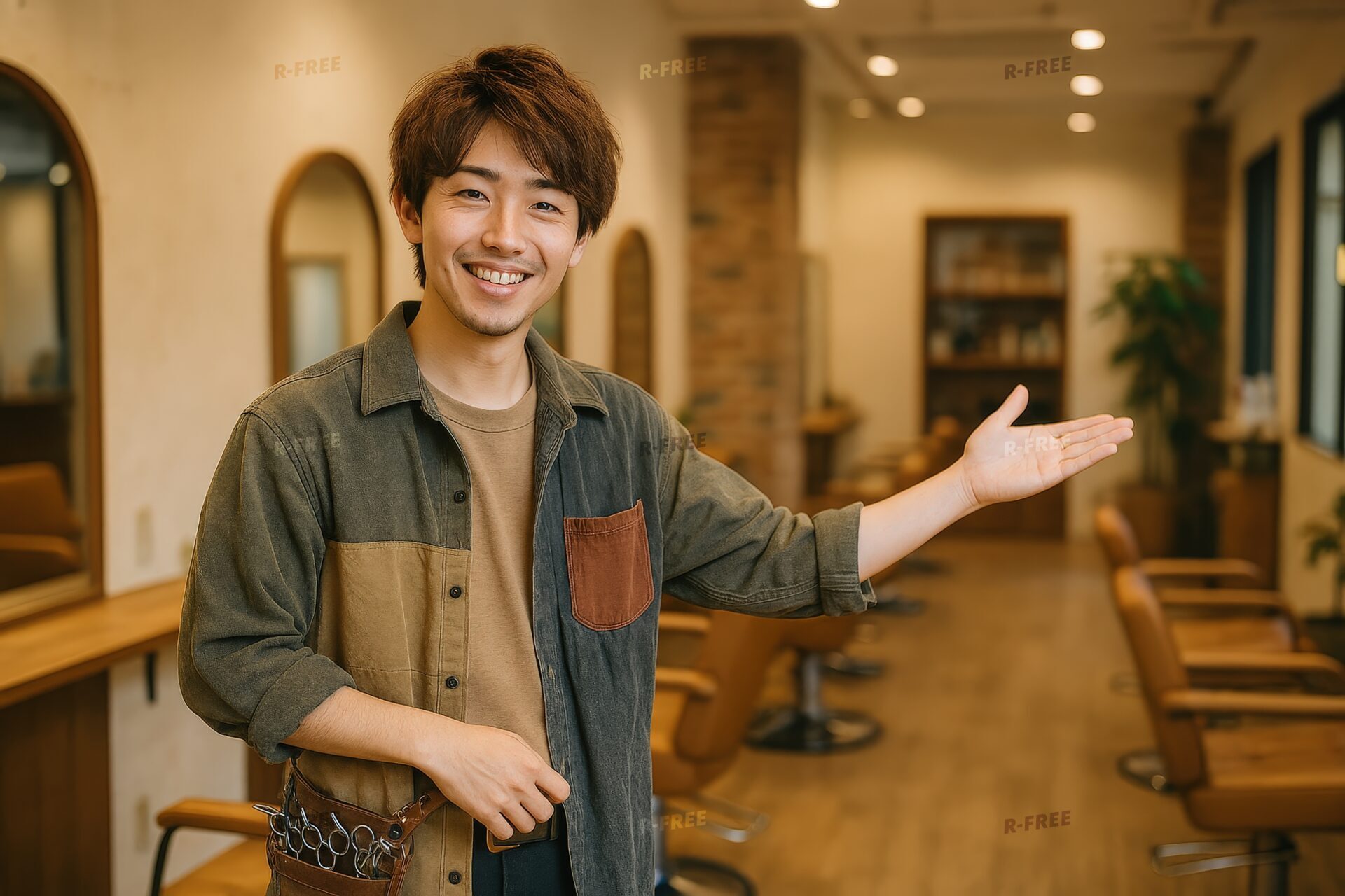 美容師が店内を紹介（ミックスシャツ）