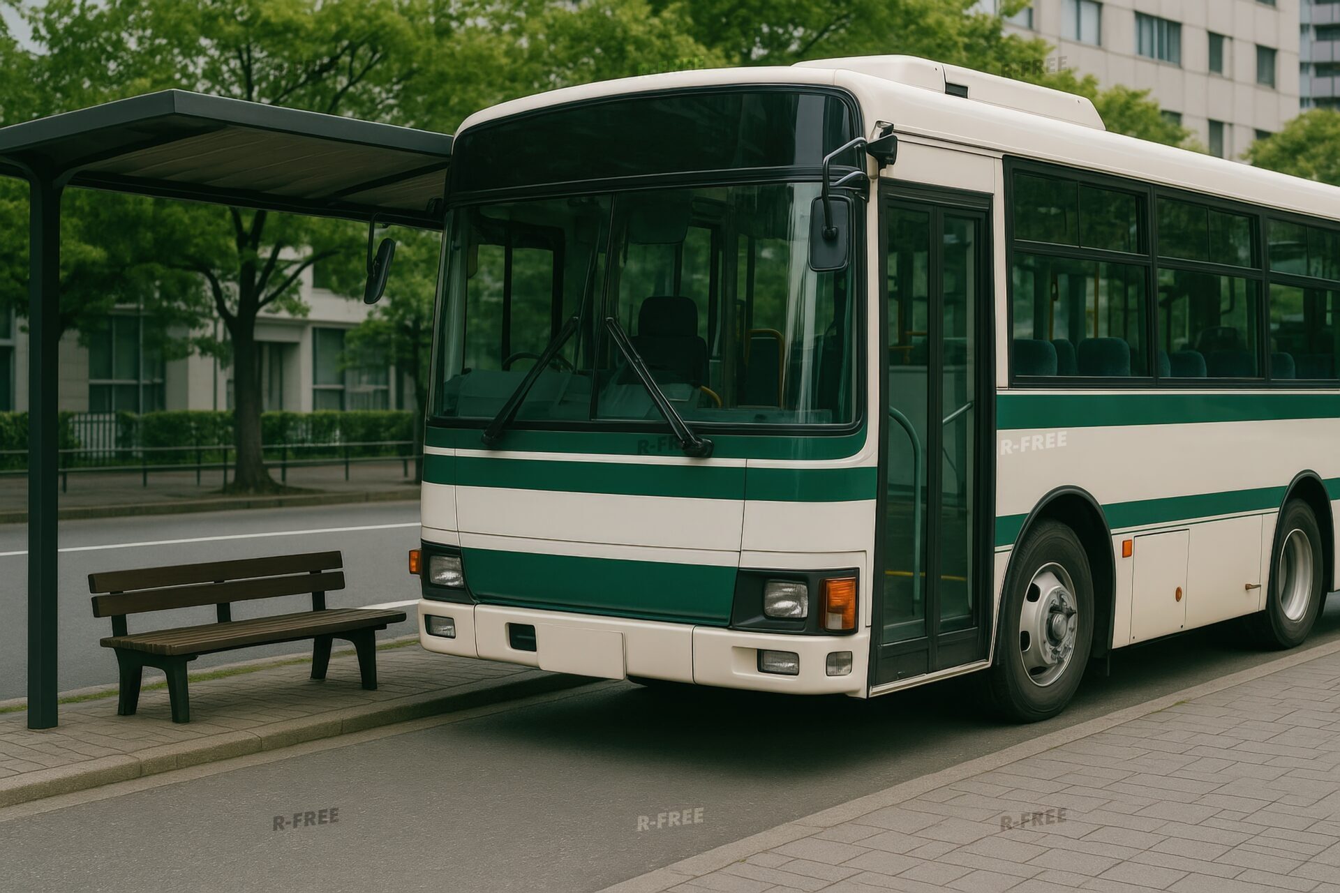 バス停に停車する緑のバス