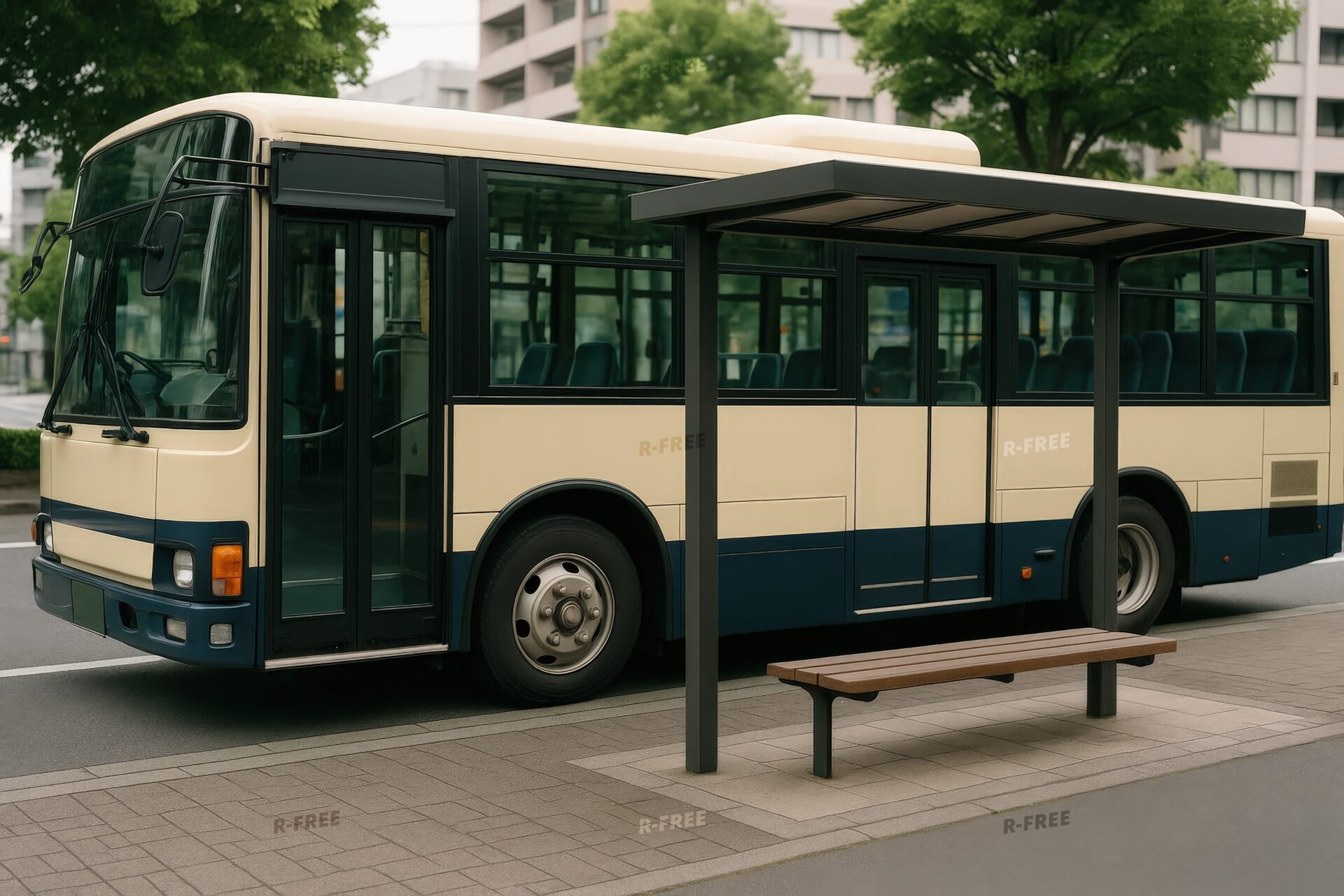 バス停に停車する紺ラインの路線バス