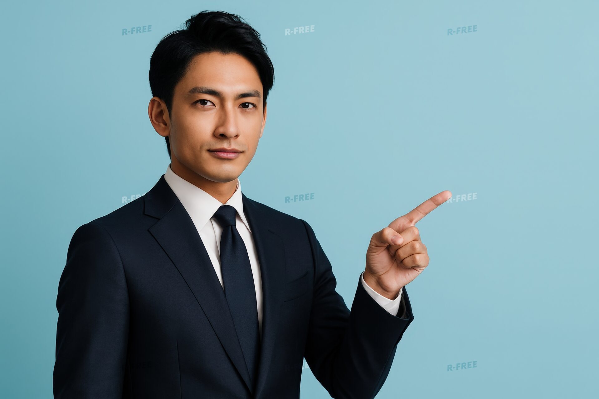 スーツ姿の男性が指差すジェスチャー