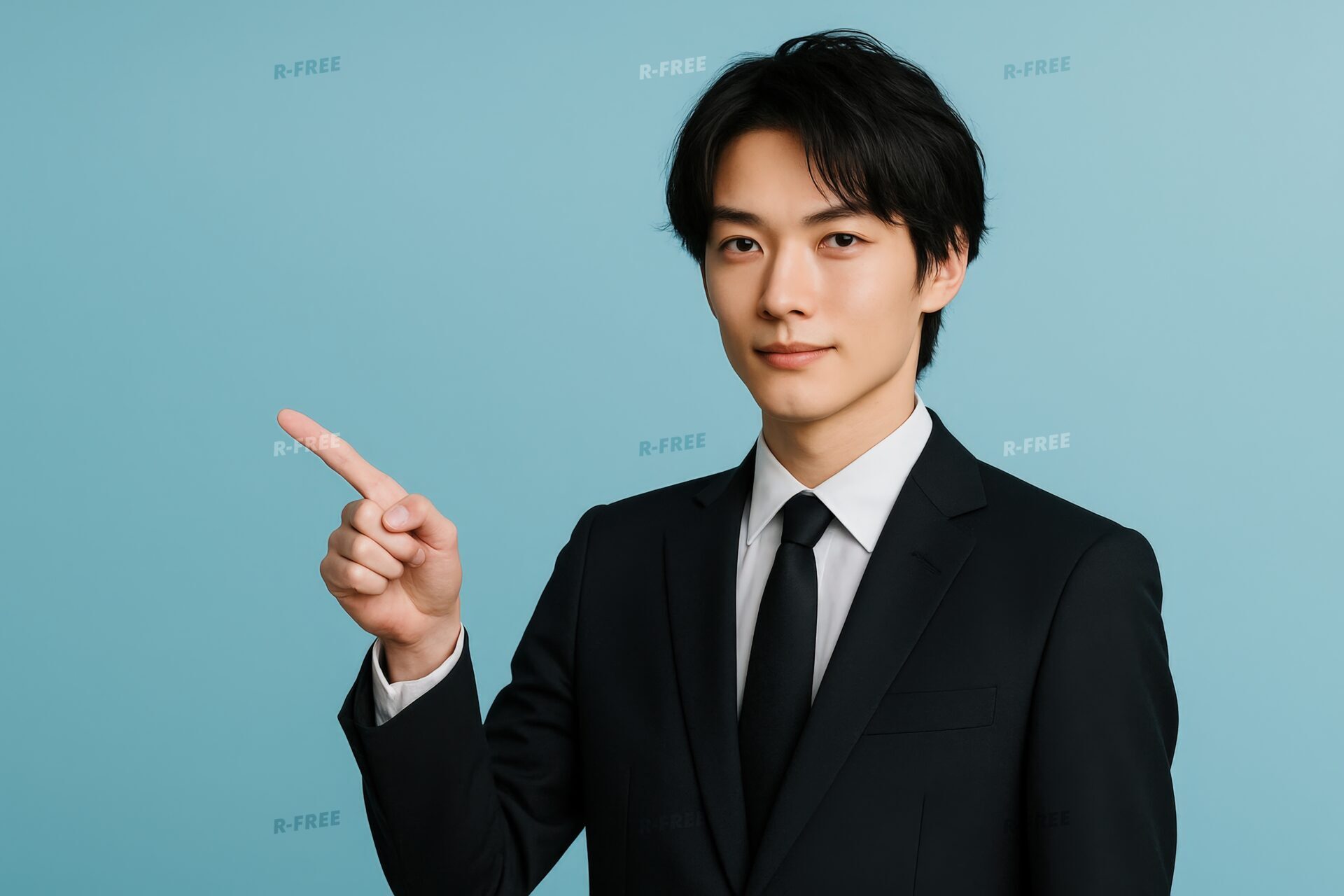 冷静な表情で指をさすスーツ男性