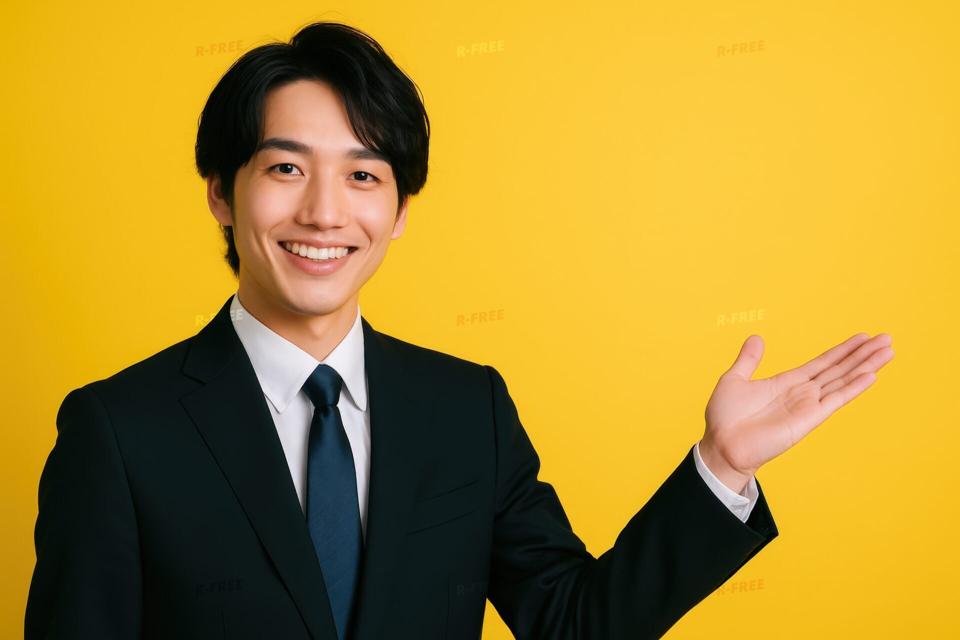 黄色背景で片手を上げて案内するスーツ姿の若い男性