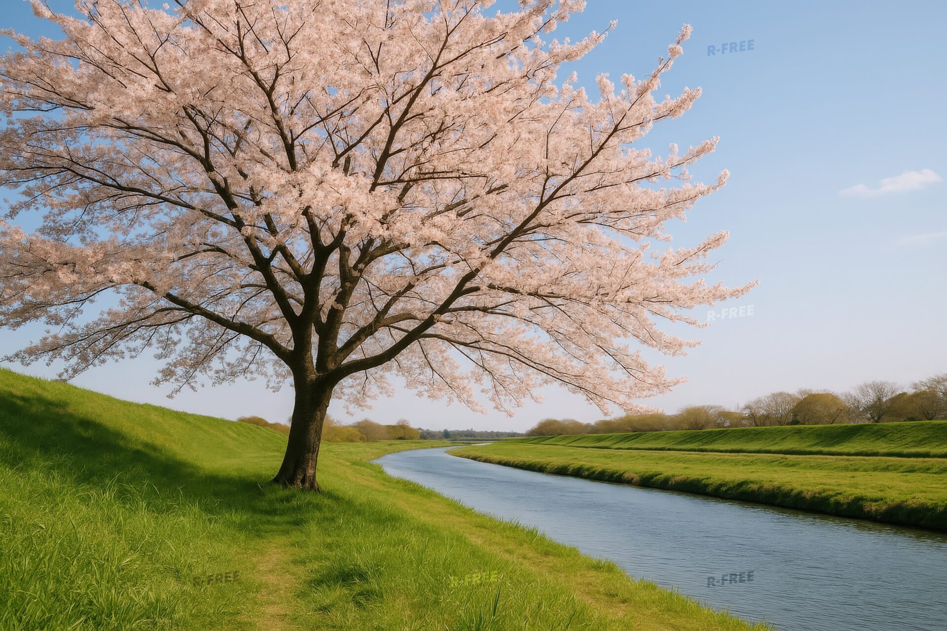 河川敷に咲く満開の一本桜と青空