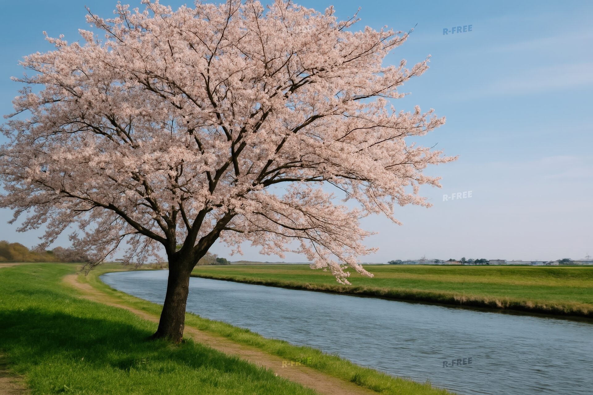 川沿いに咲く一本桜と春の風景