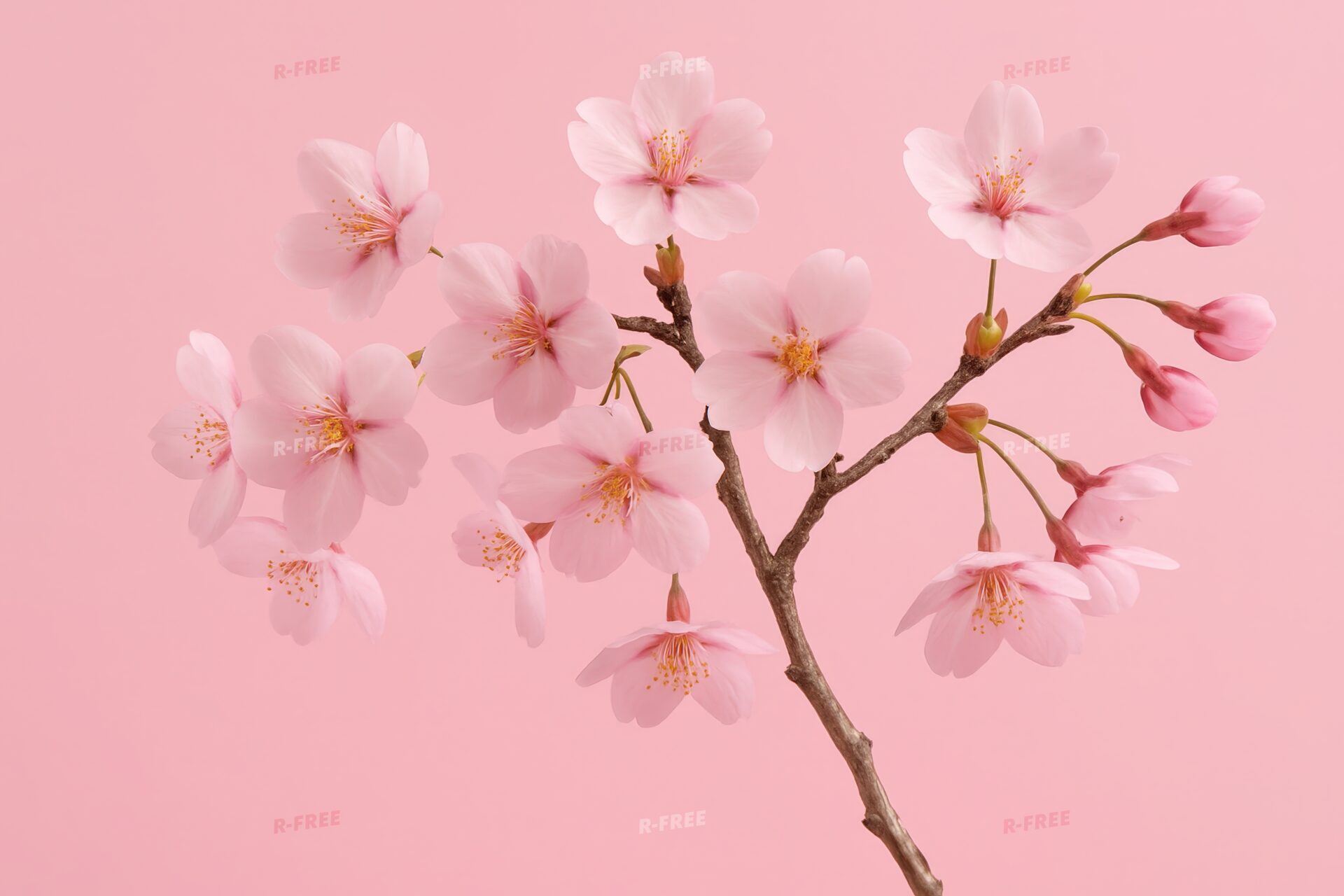 優しいピンク背景に映える桜の枝