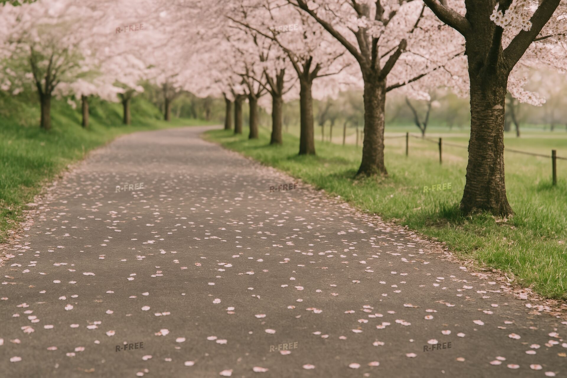 桜の花びらが舞う並木道