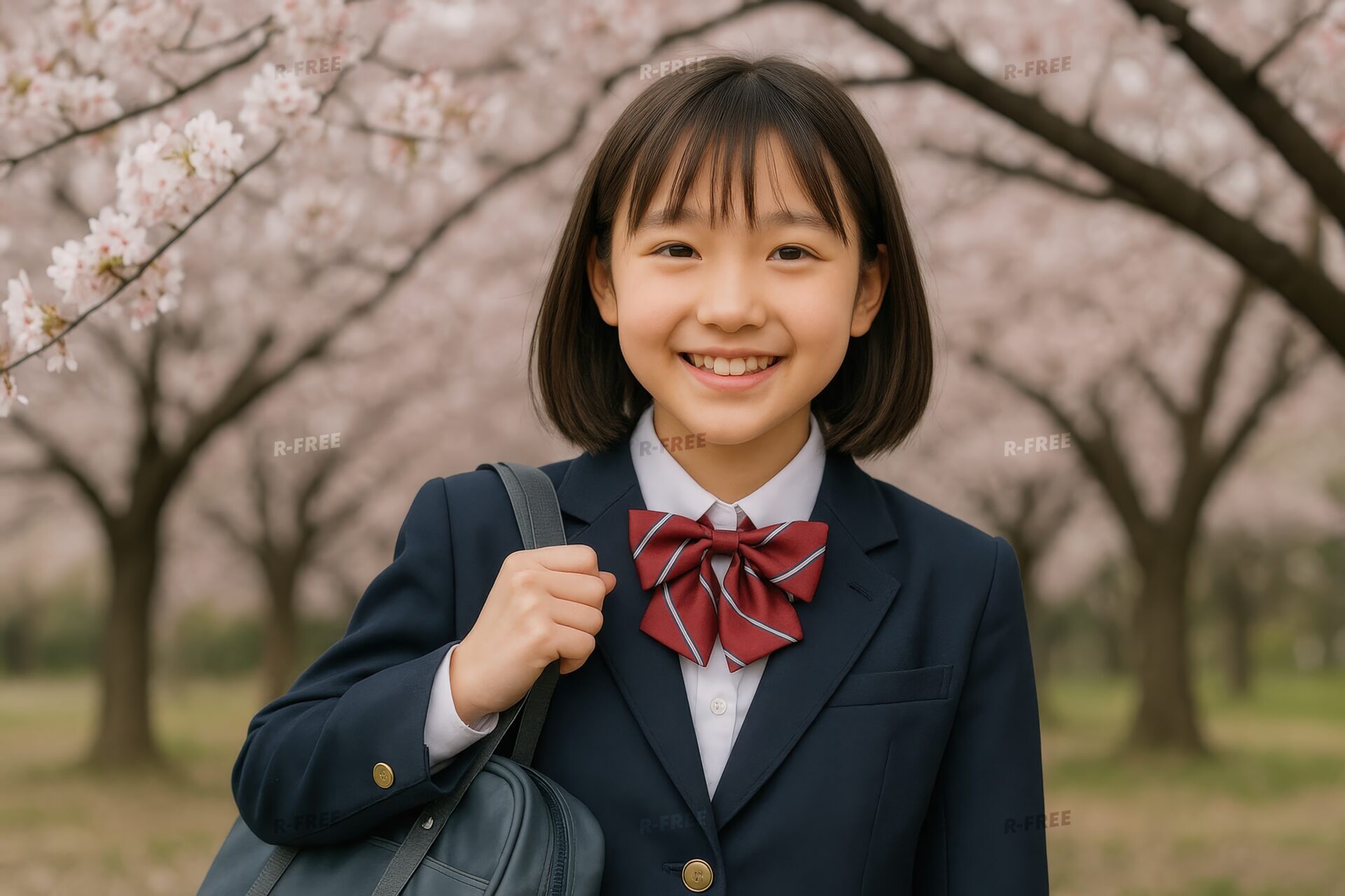 通学バッグを肩にかけた女子学生と桜の風景