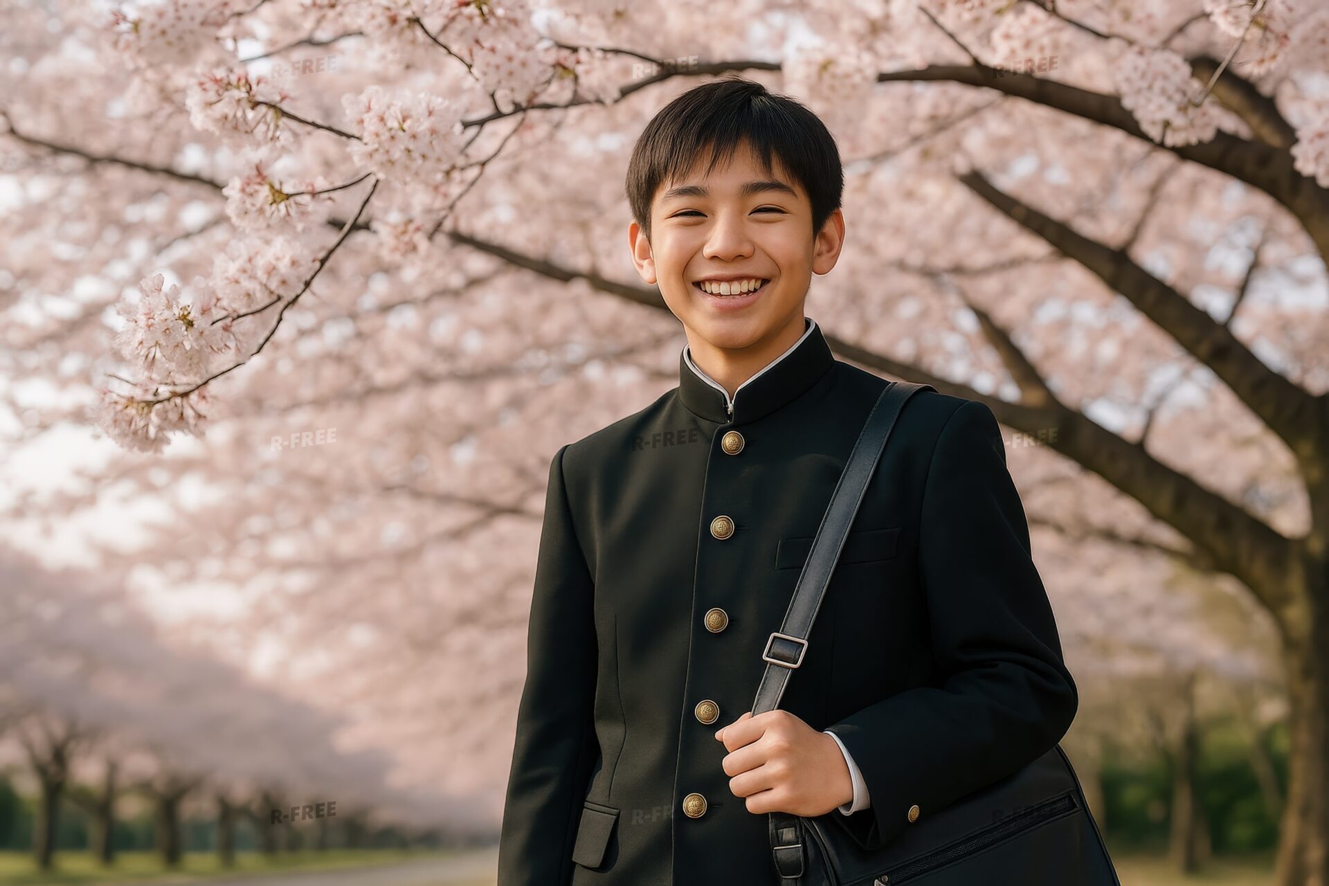 学ラン姿の男子学生が桜並木に立つ風景