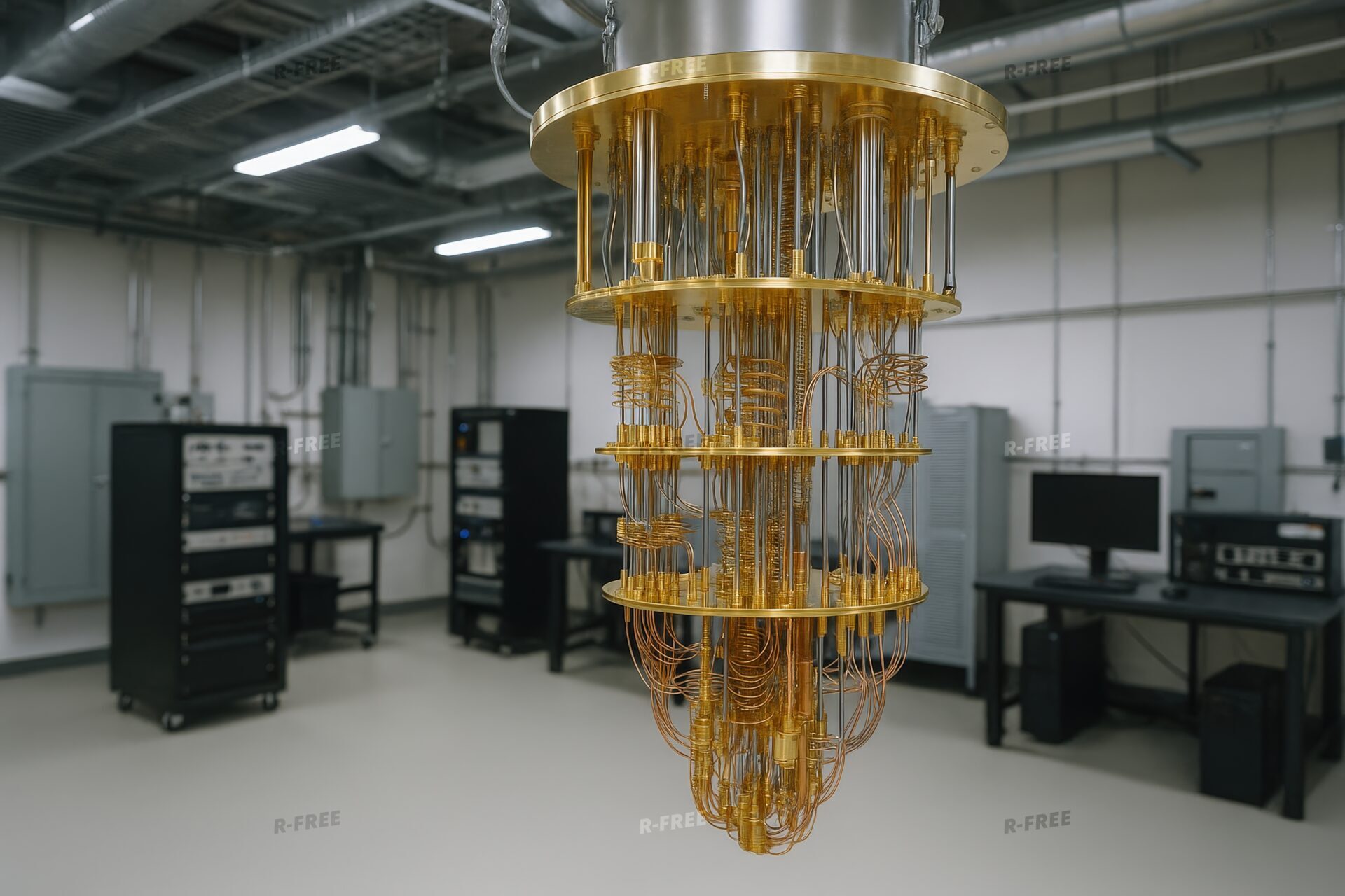 量子コンピュータの冷却装置が設置された実験室