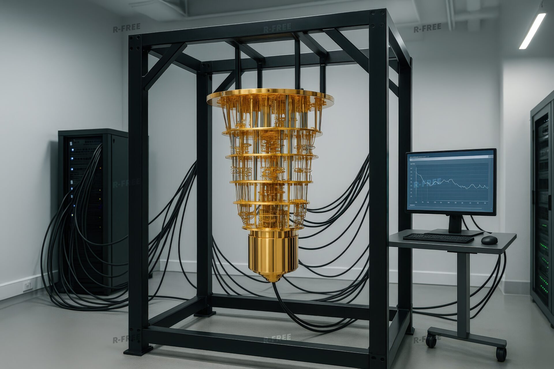 量子コンピュータのプロセッサとモニターが並ぶ実験室