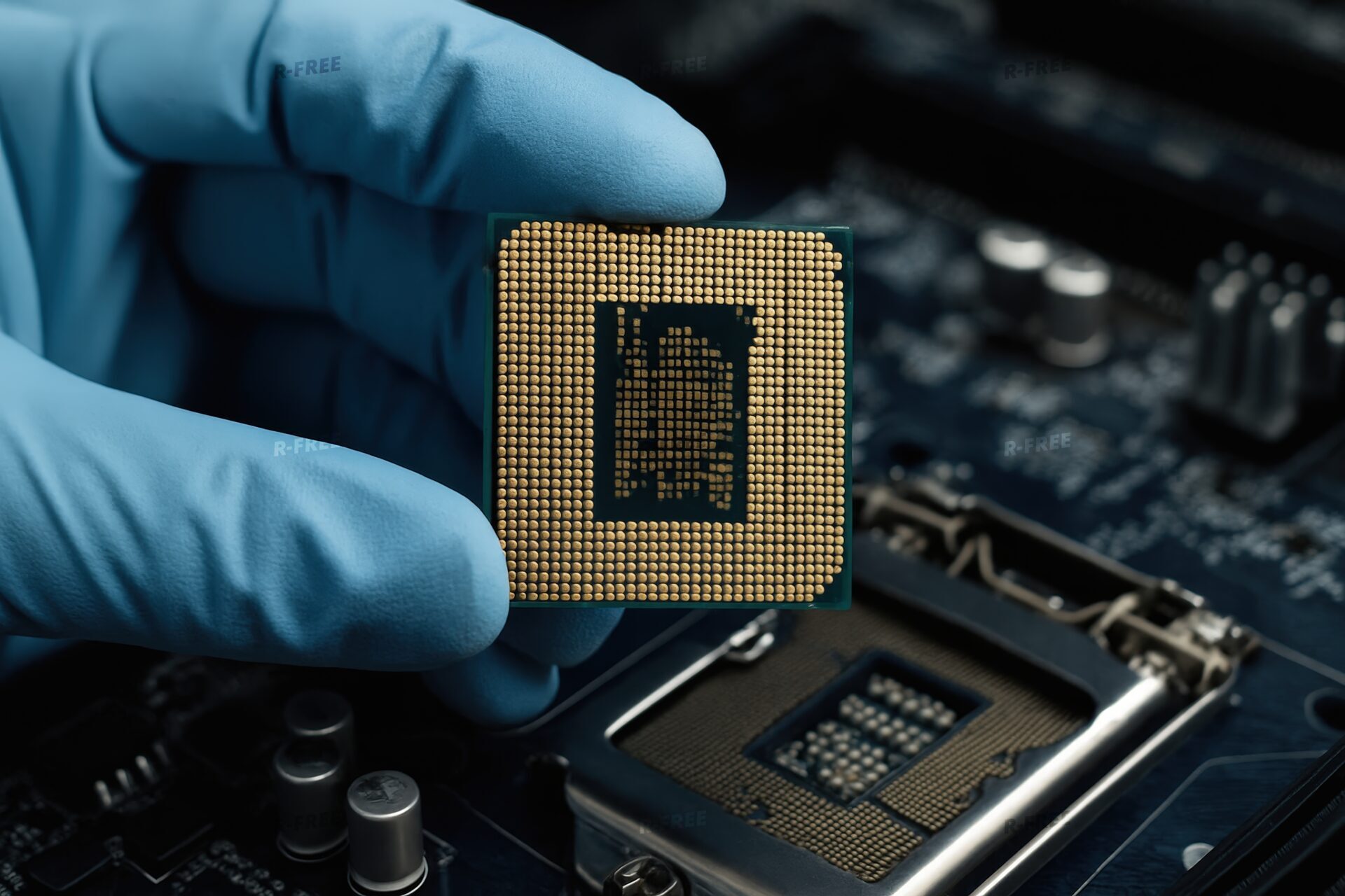 マザーボードに取り付ける前のCPUチップ