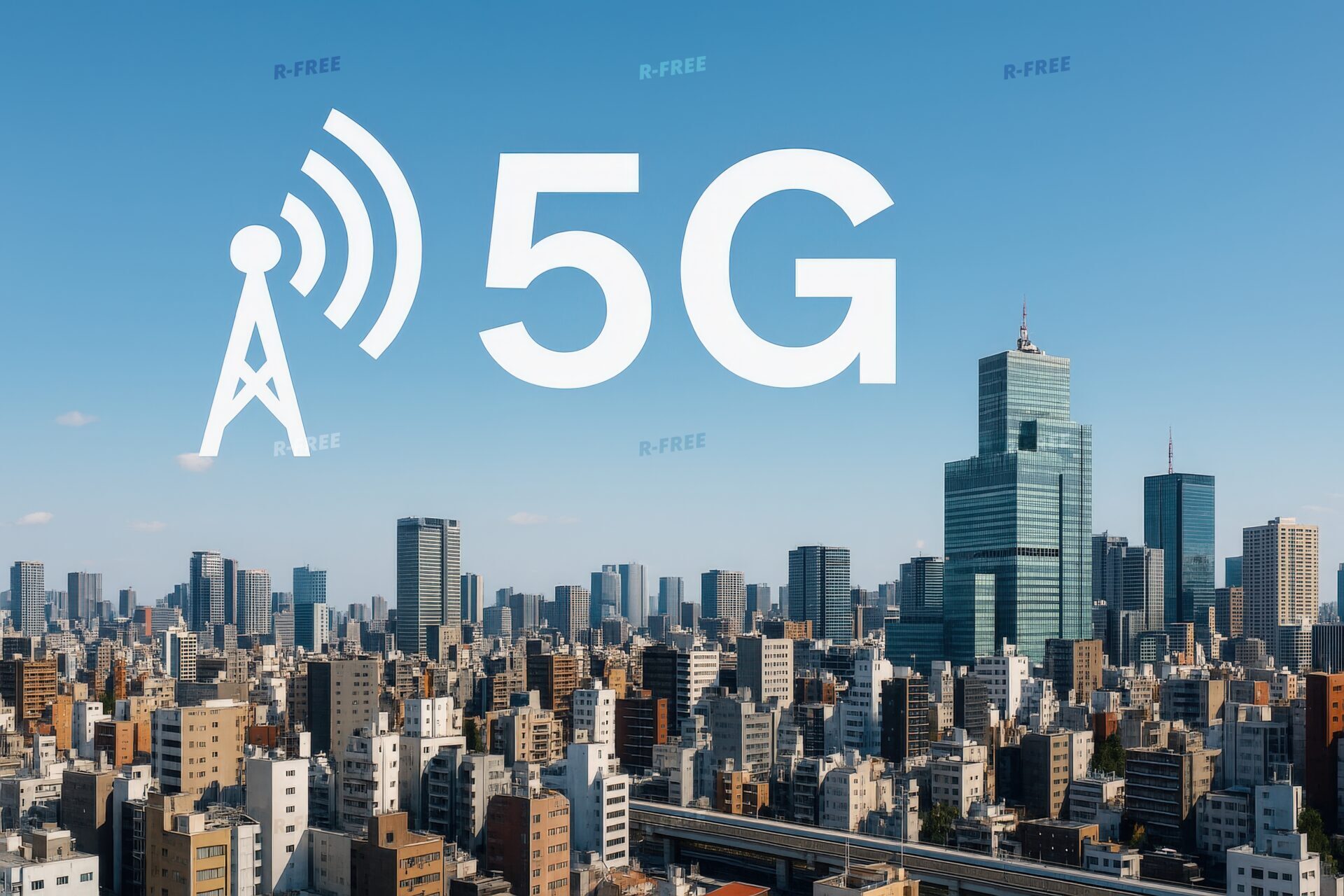 青空の下で5G通信を示す高層ビル群の俯瞰風景
