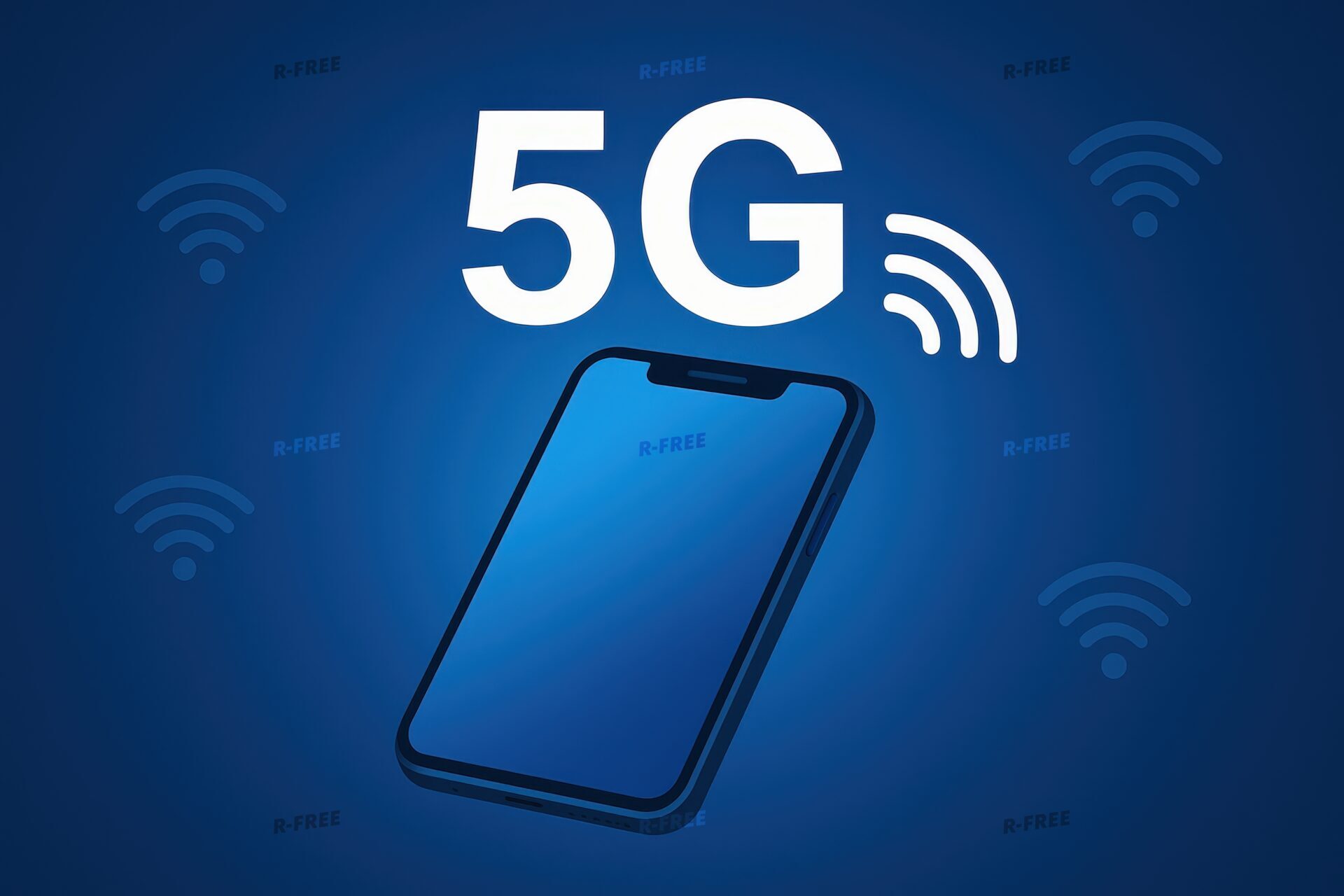 斜め配置のスマートフォンと5G電波マークの青いイラスト