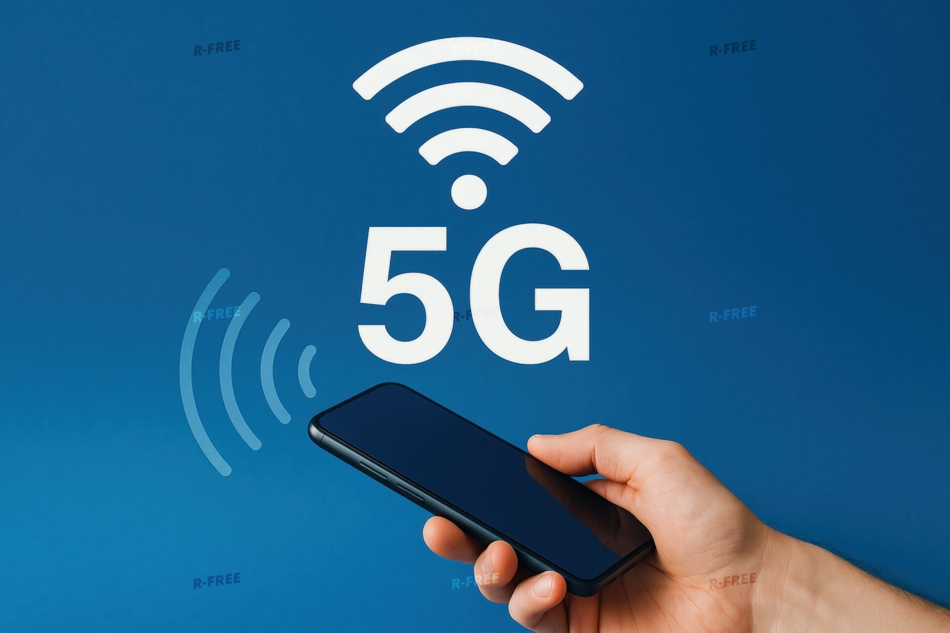 5G通信とスマートフォンを持つ手
