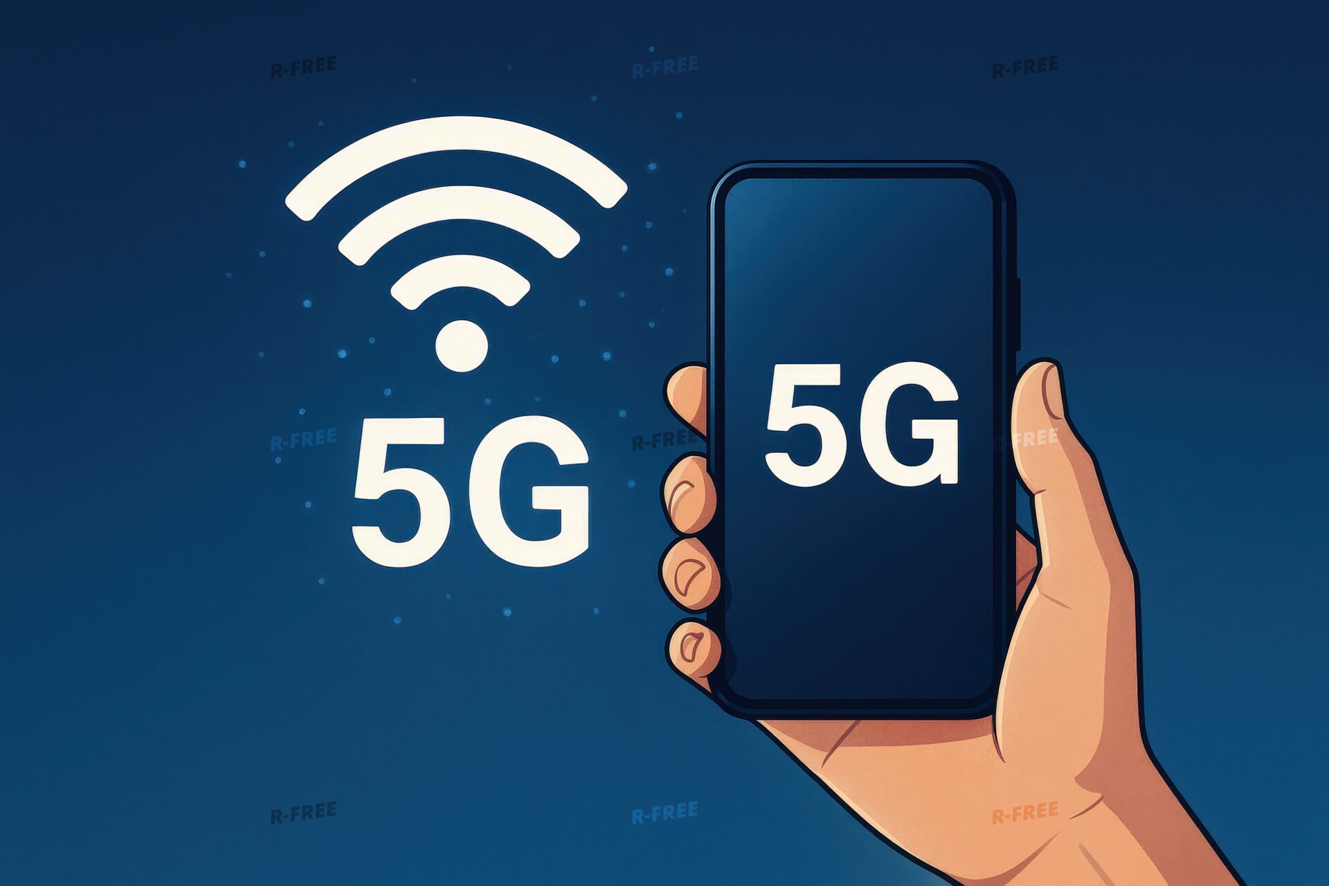 5G通信のイラストとスマートフォン
