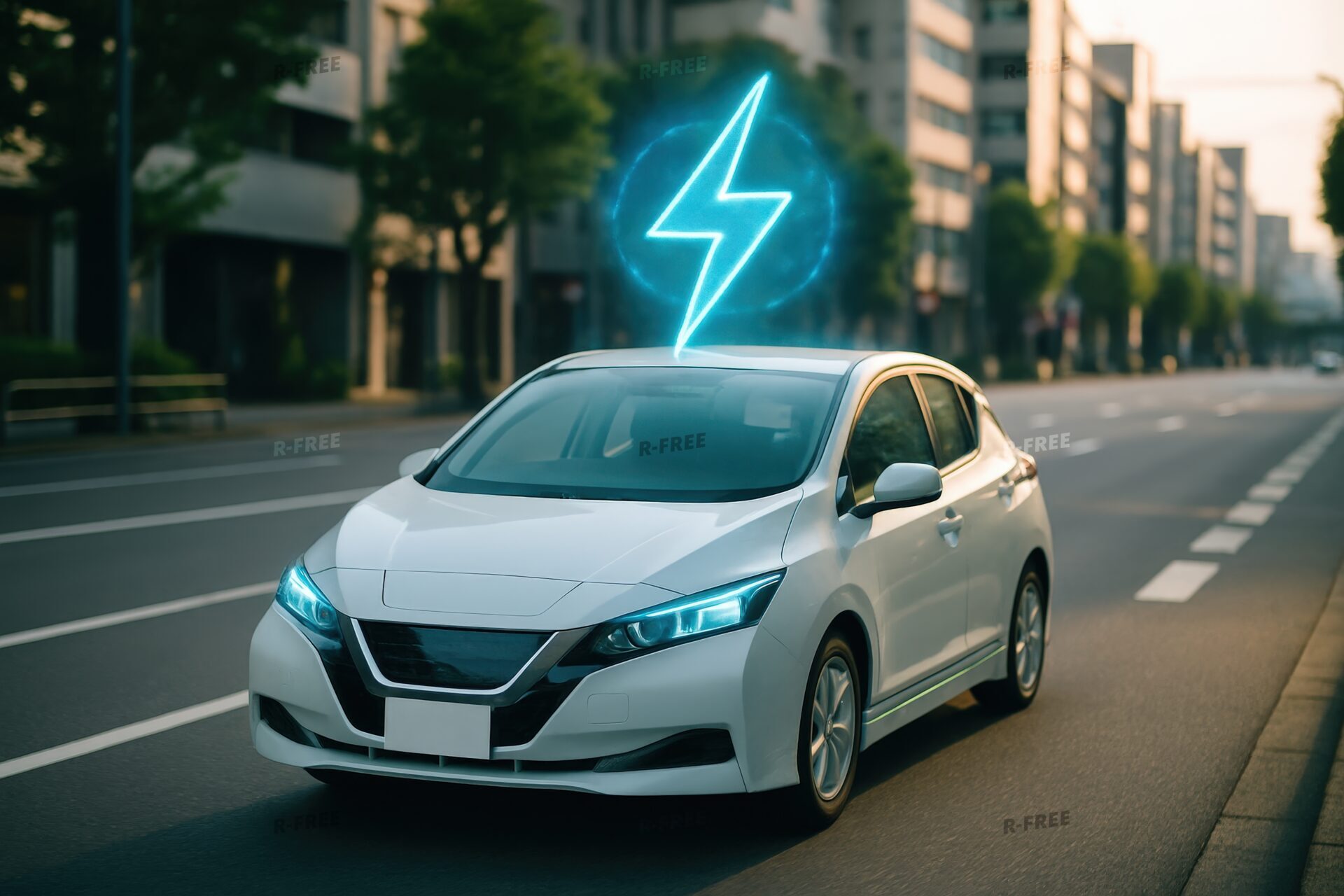 走行中の電気自動車とエネルギーアイコン