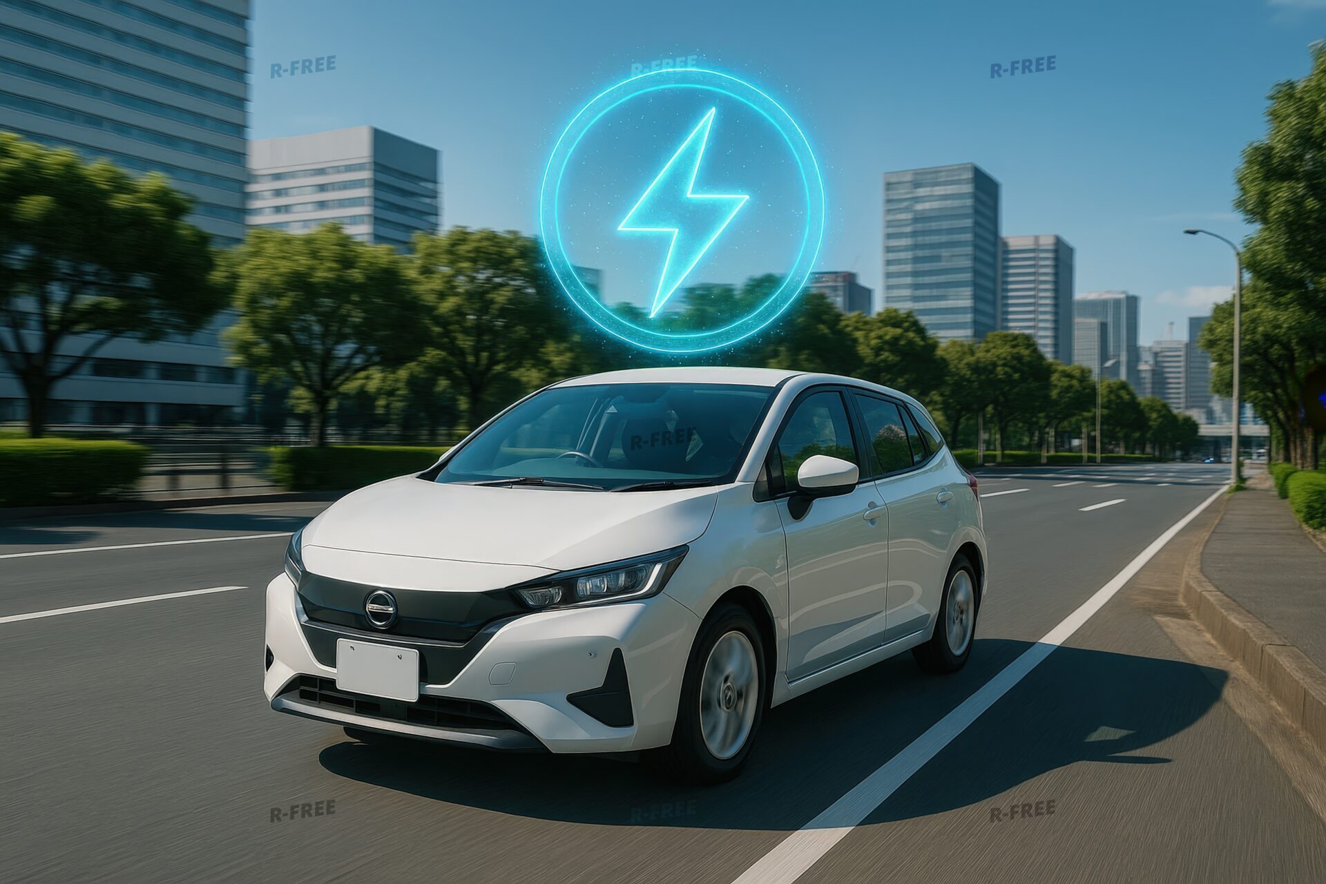 都市を走る電気自動車と発光アイコン