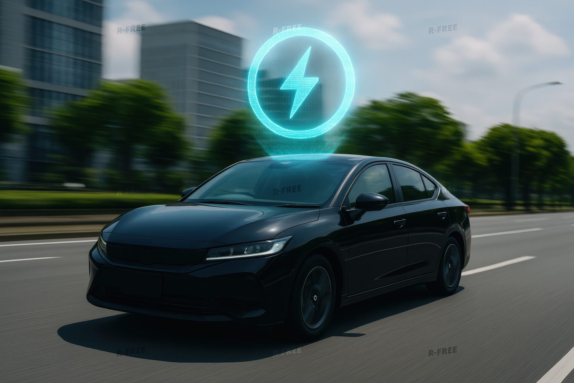 黒い電気自動車とエネルギーアイコン