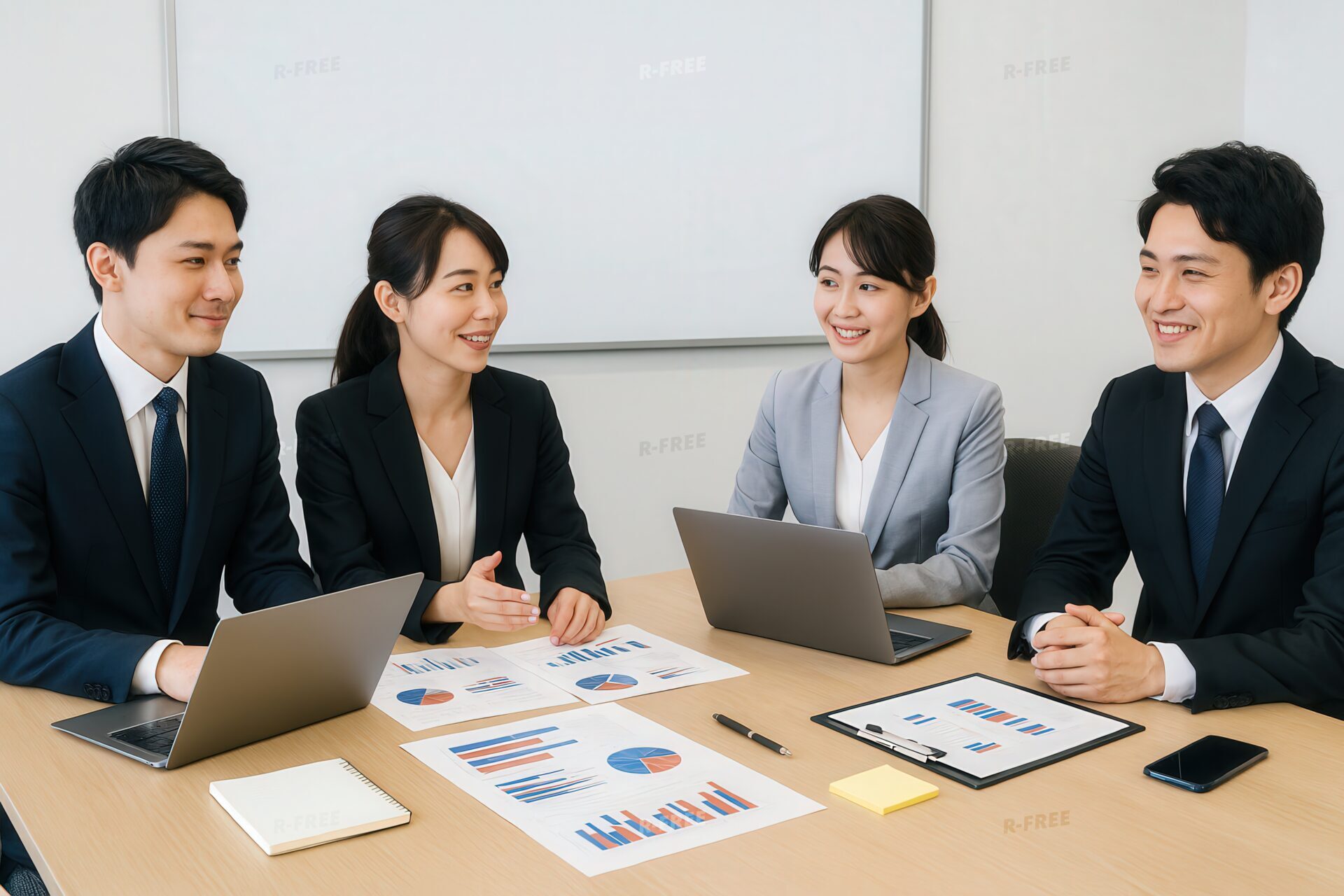 グラフ資料を共有しながら会議するビジネスチーム