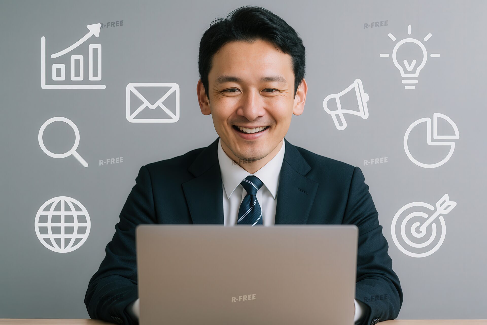 マーケティングアイコンに囲まれたビジネスマン