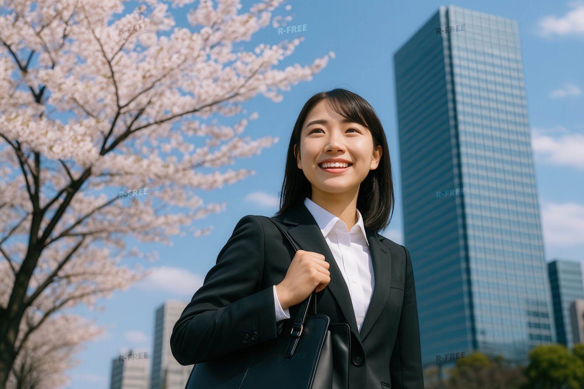 桜とオフィス街を背景に歩く新卒女性