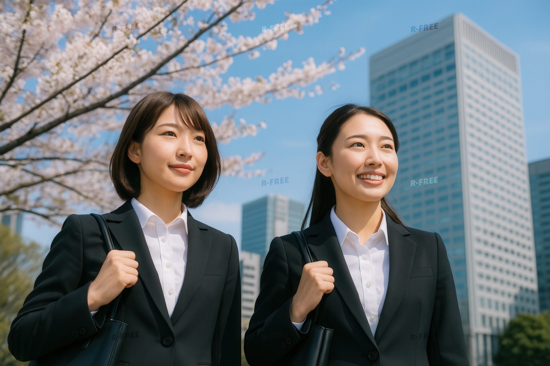 桜並木と街並みを背景に歩く新卒女性二人