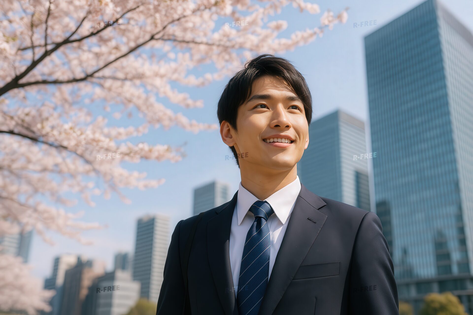 桜並木と高層ビルを背景に笑顔の新卒男性