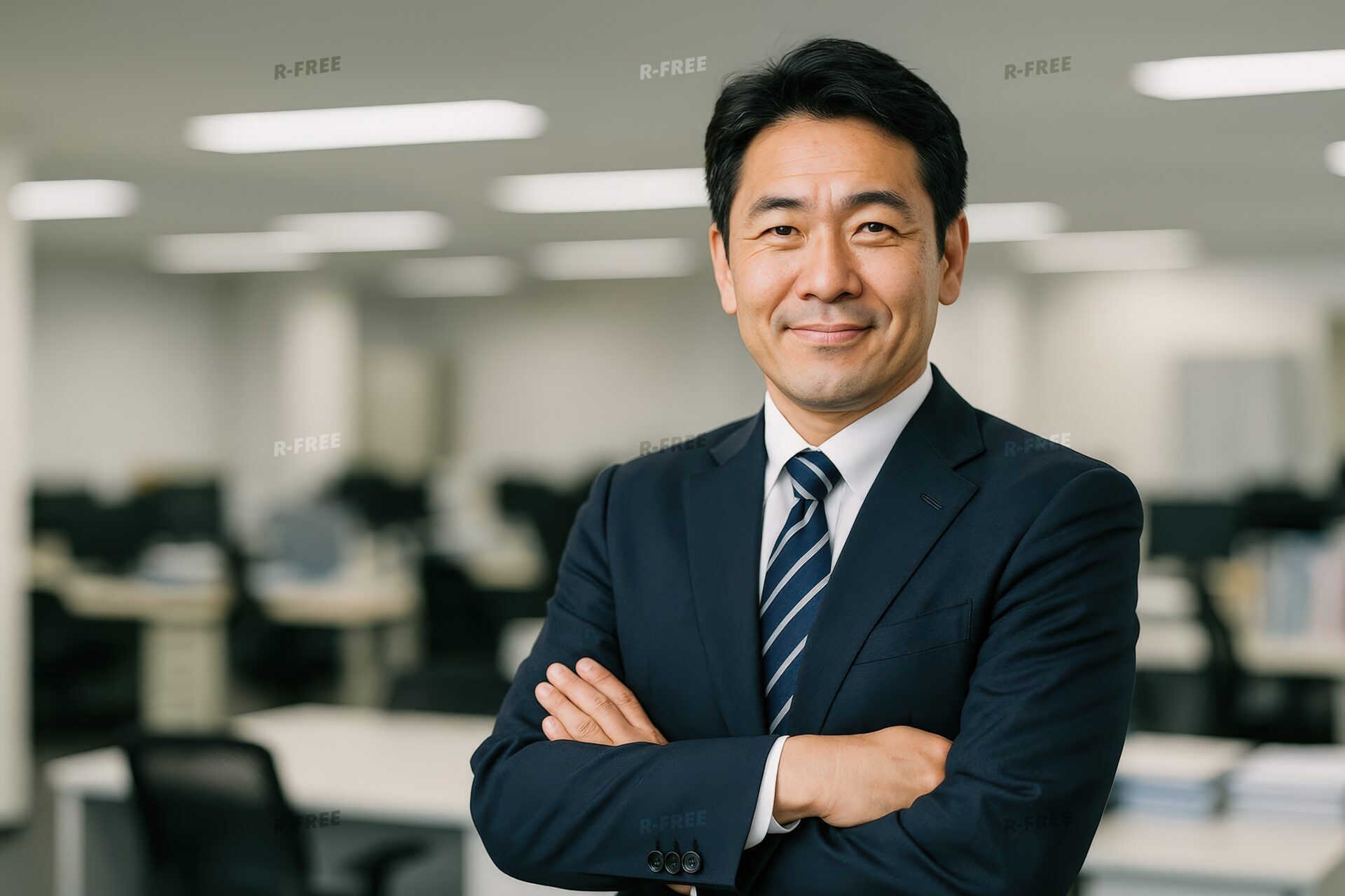 オフィスで腕を組むスーツ姿の中年男性