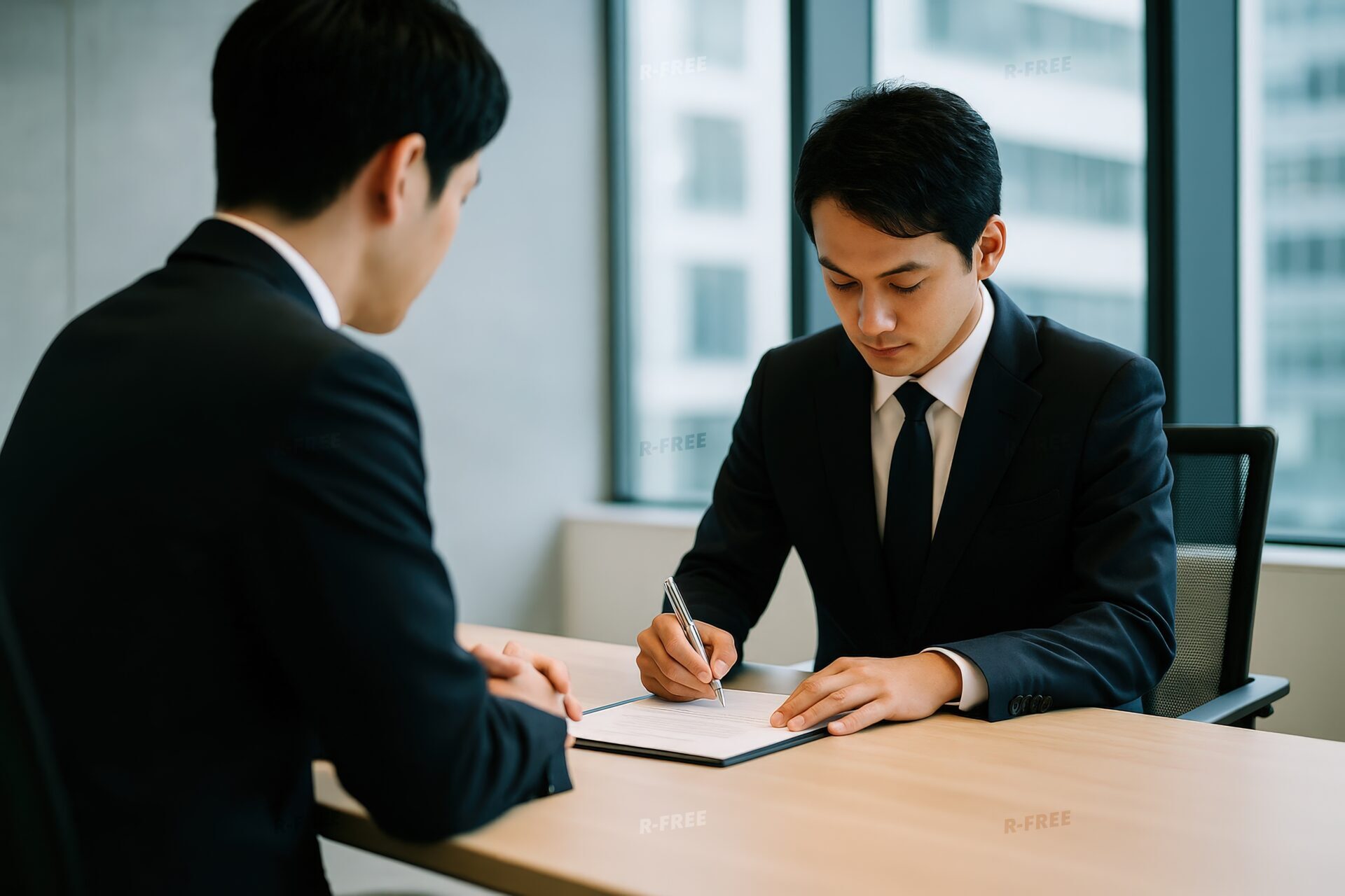 契約書に署名する真剣な表情の20代男性