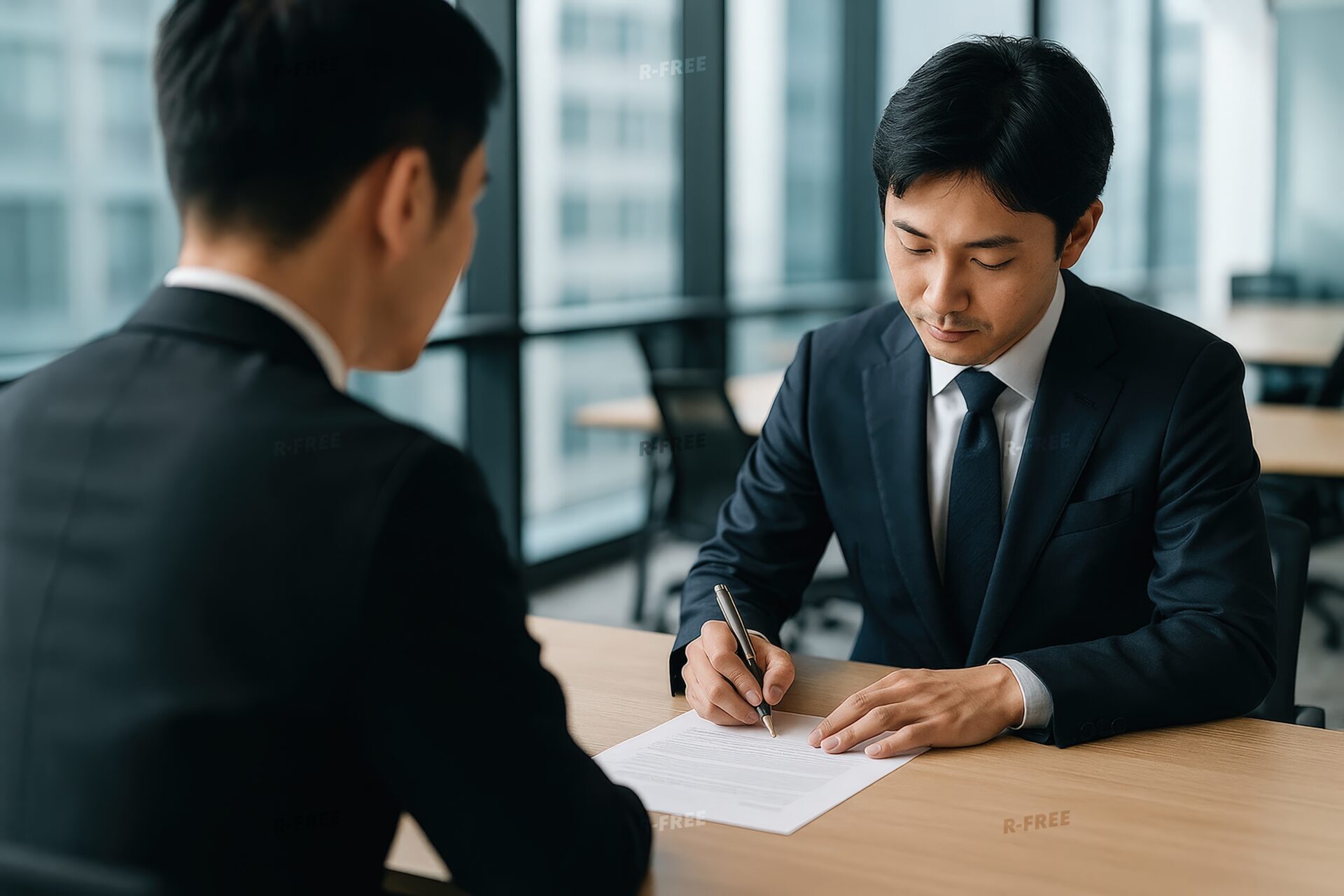 契約書に署名するネクタイ姿の30代男性と見守る男性