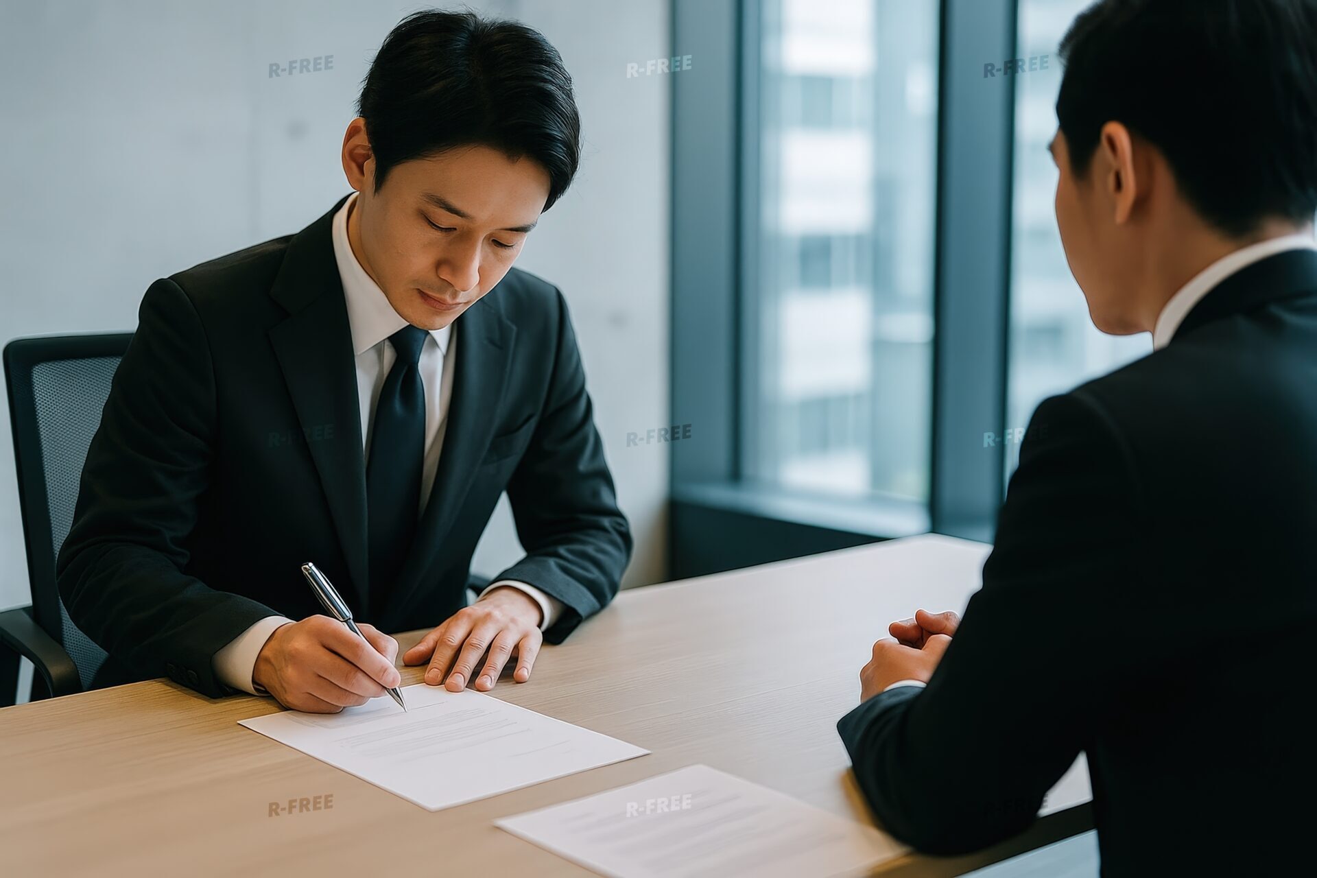 契約書に署名する30代男性と向かい合う商談風景