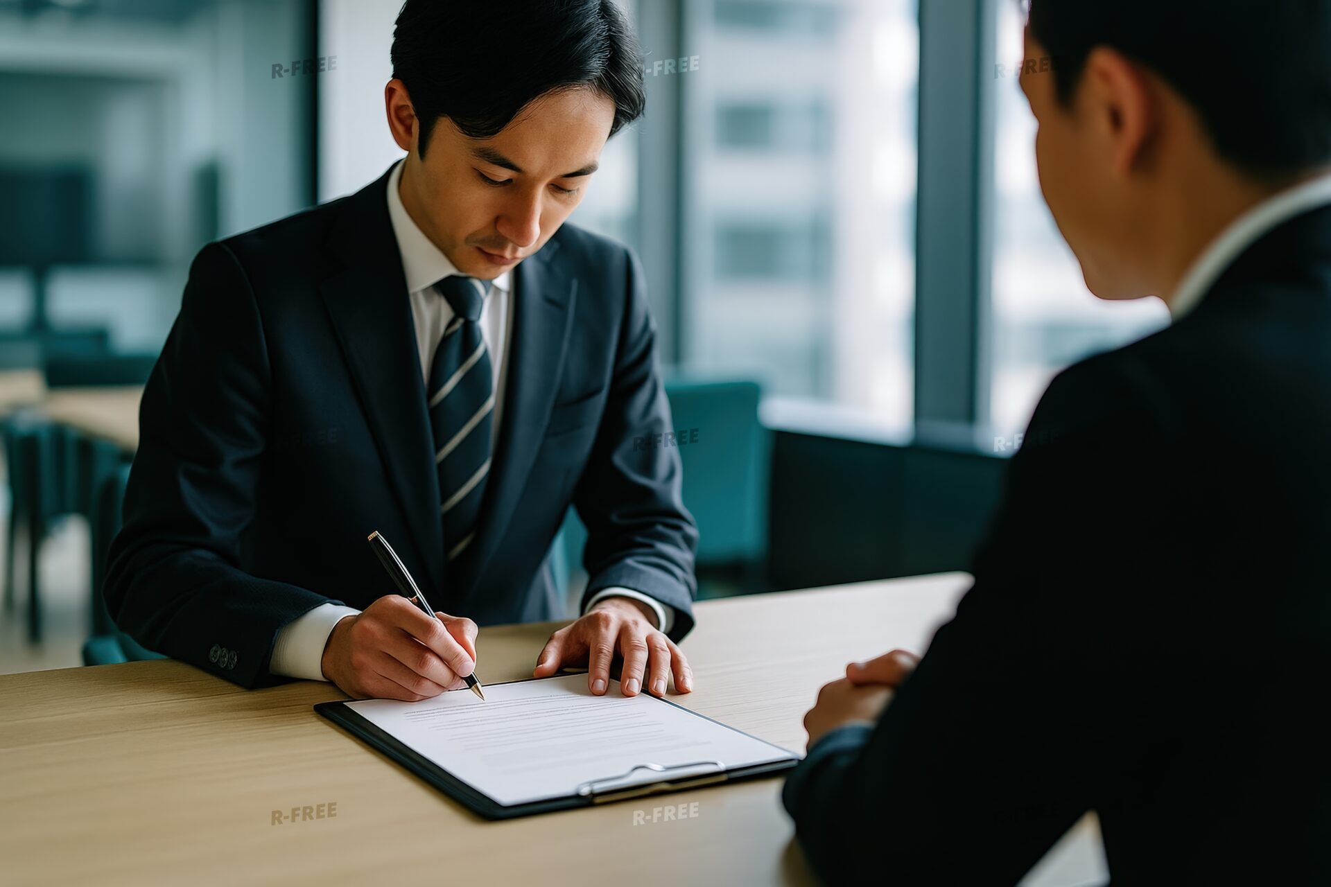 契約書に署名するクリップボード上の書類と30代男性