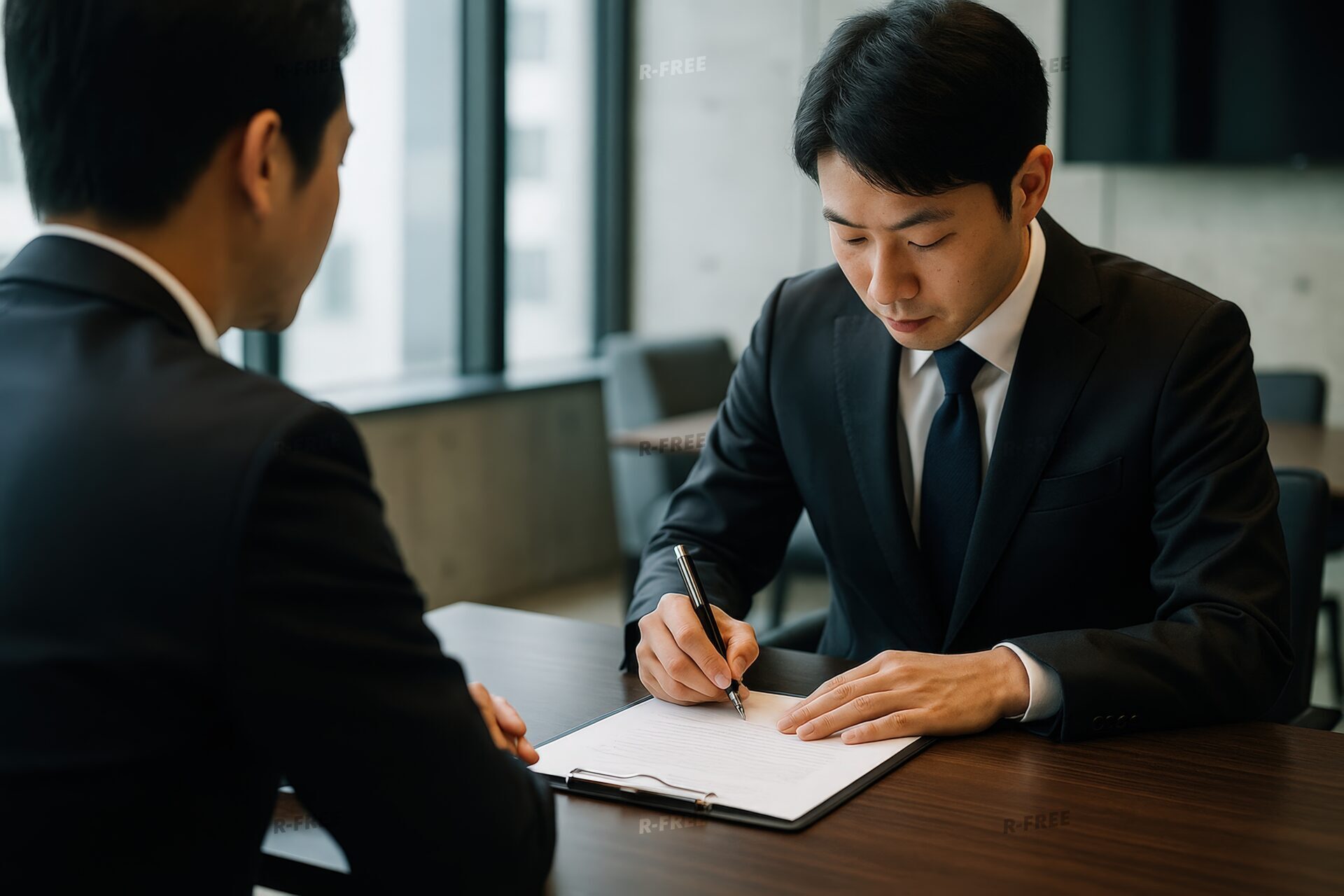 契約書に署名する黒いスーツ姿の30代男性2人