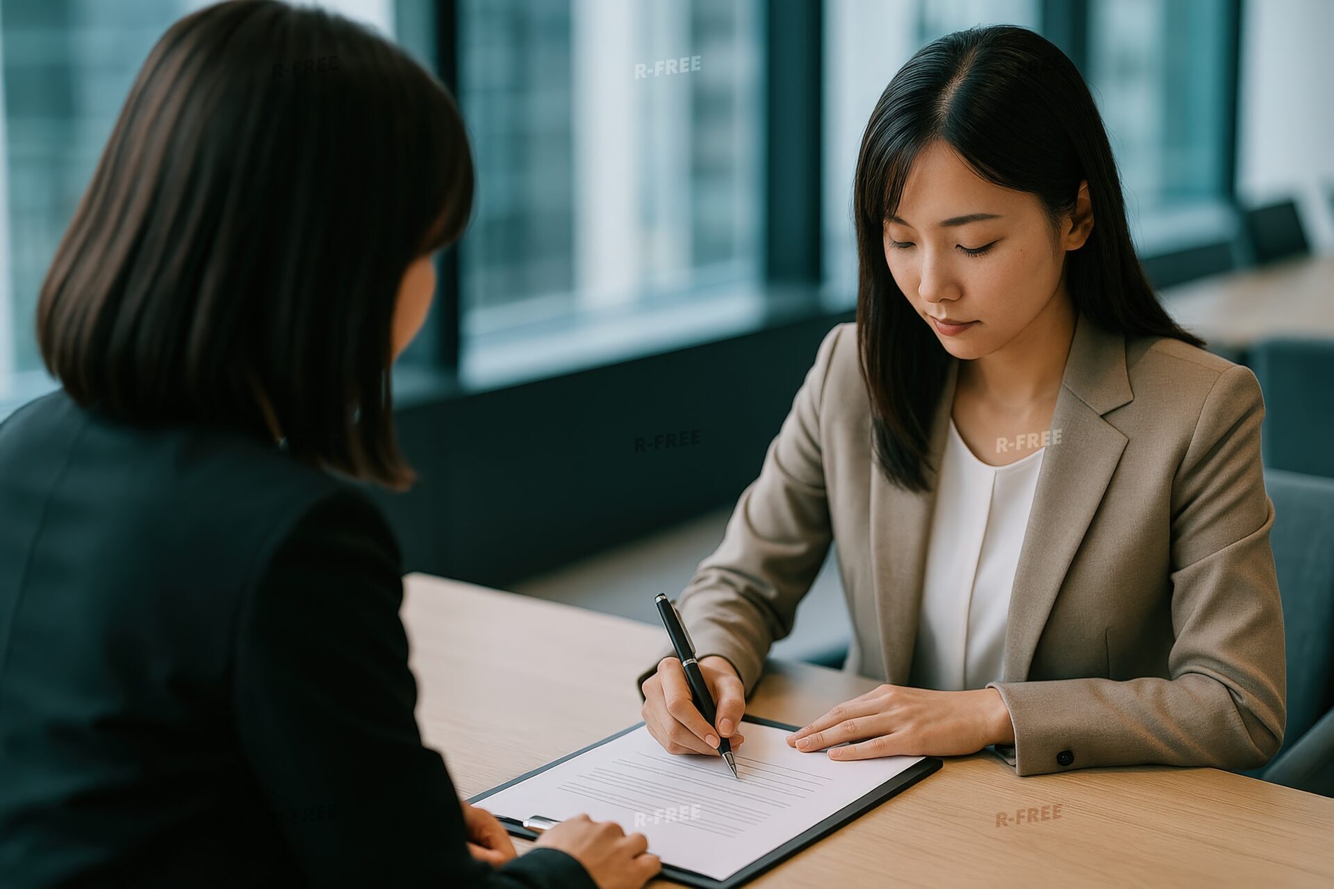 契約書に署名するビジネスウーマンと向かい合う女性