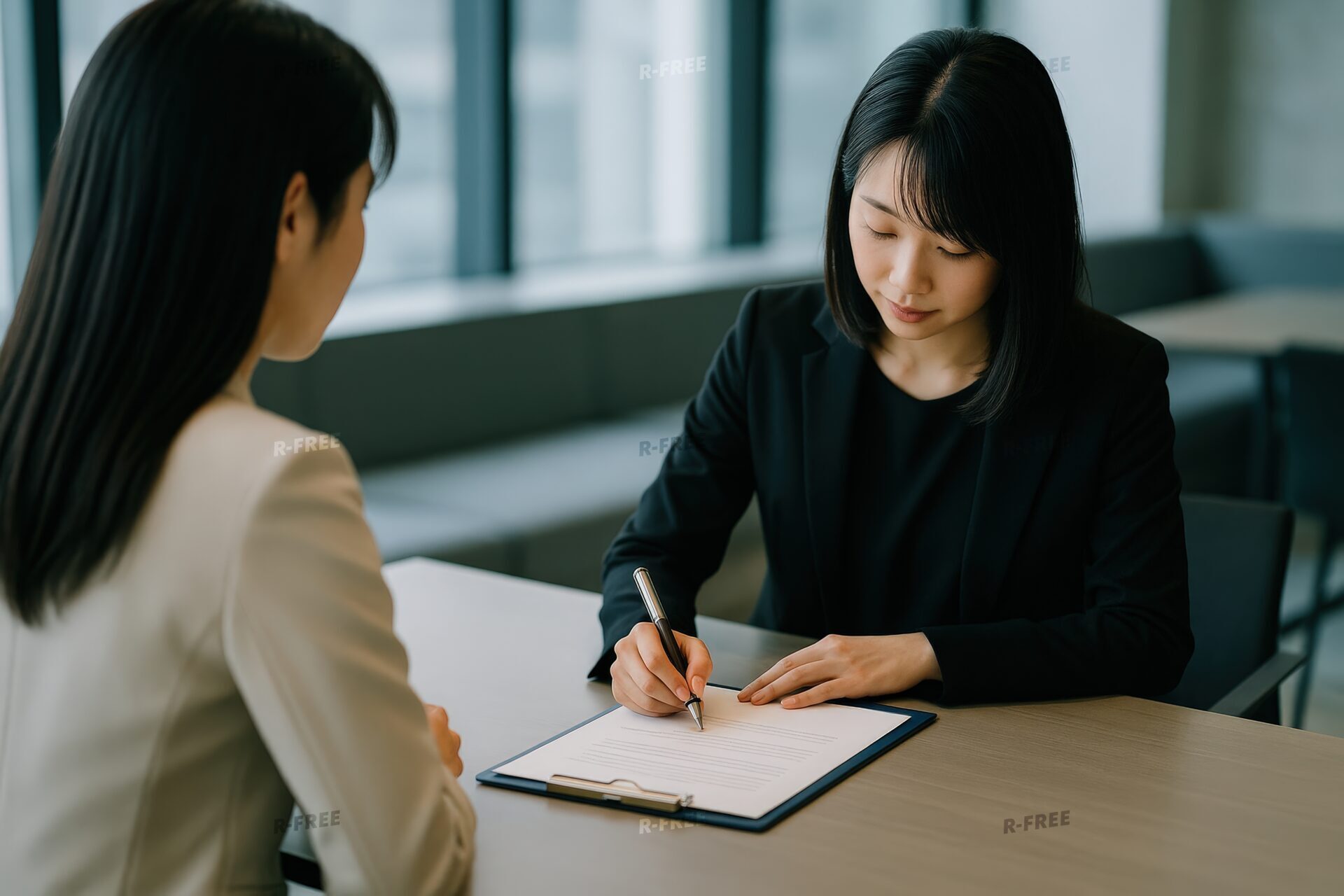 契約書に署名するビジネスウーマンとペンとクリップボード