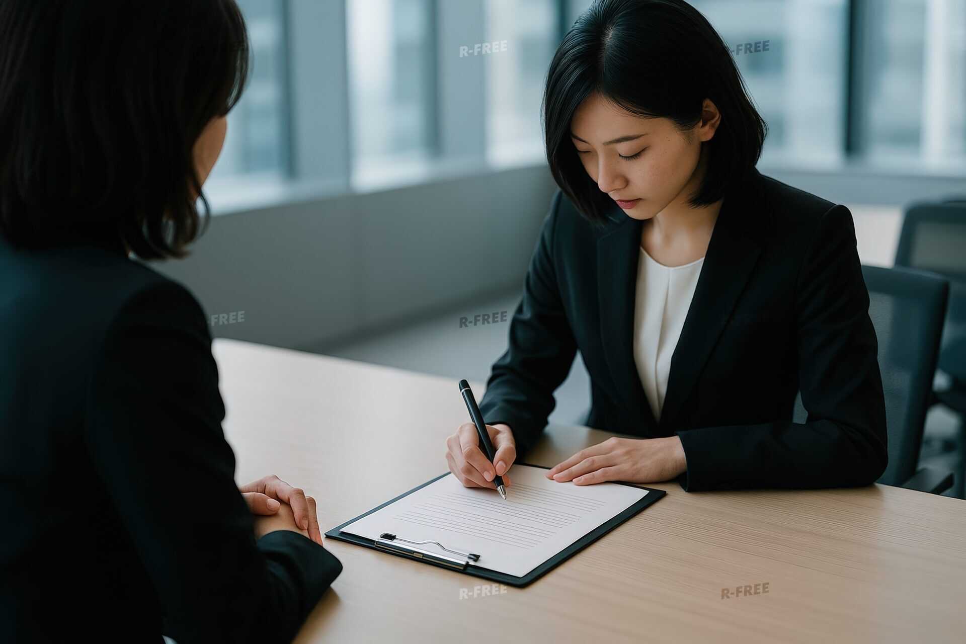 真剣な表情で契約書に署名するビジネスウーマン