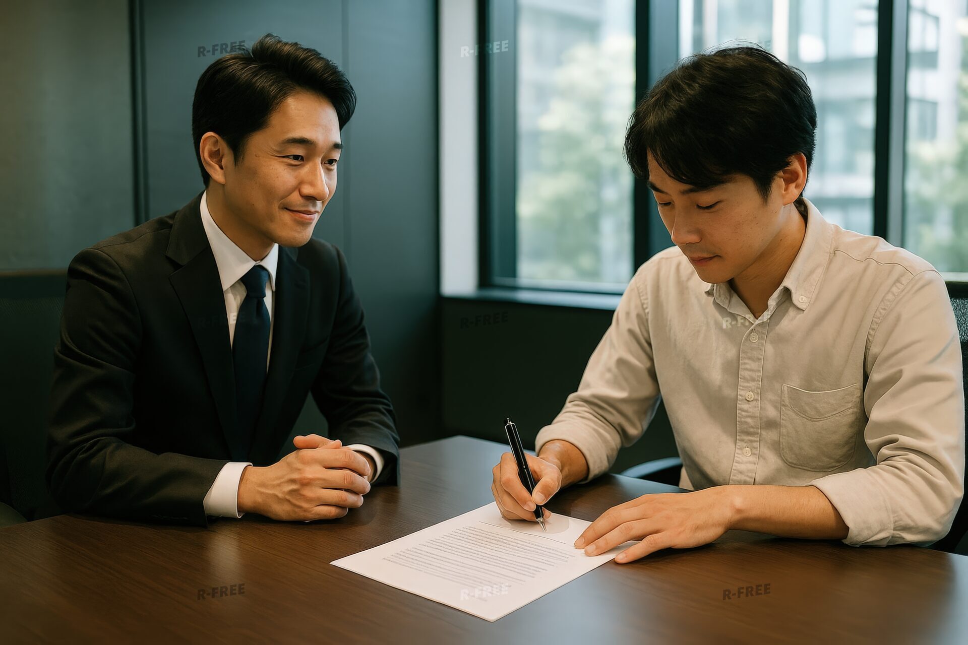 契約書に署名するカジュアルな服装の男性と向き合う男性