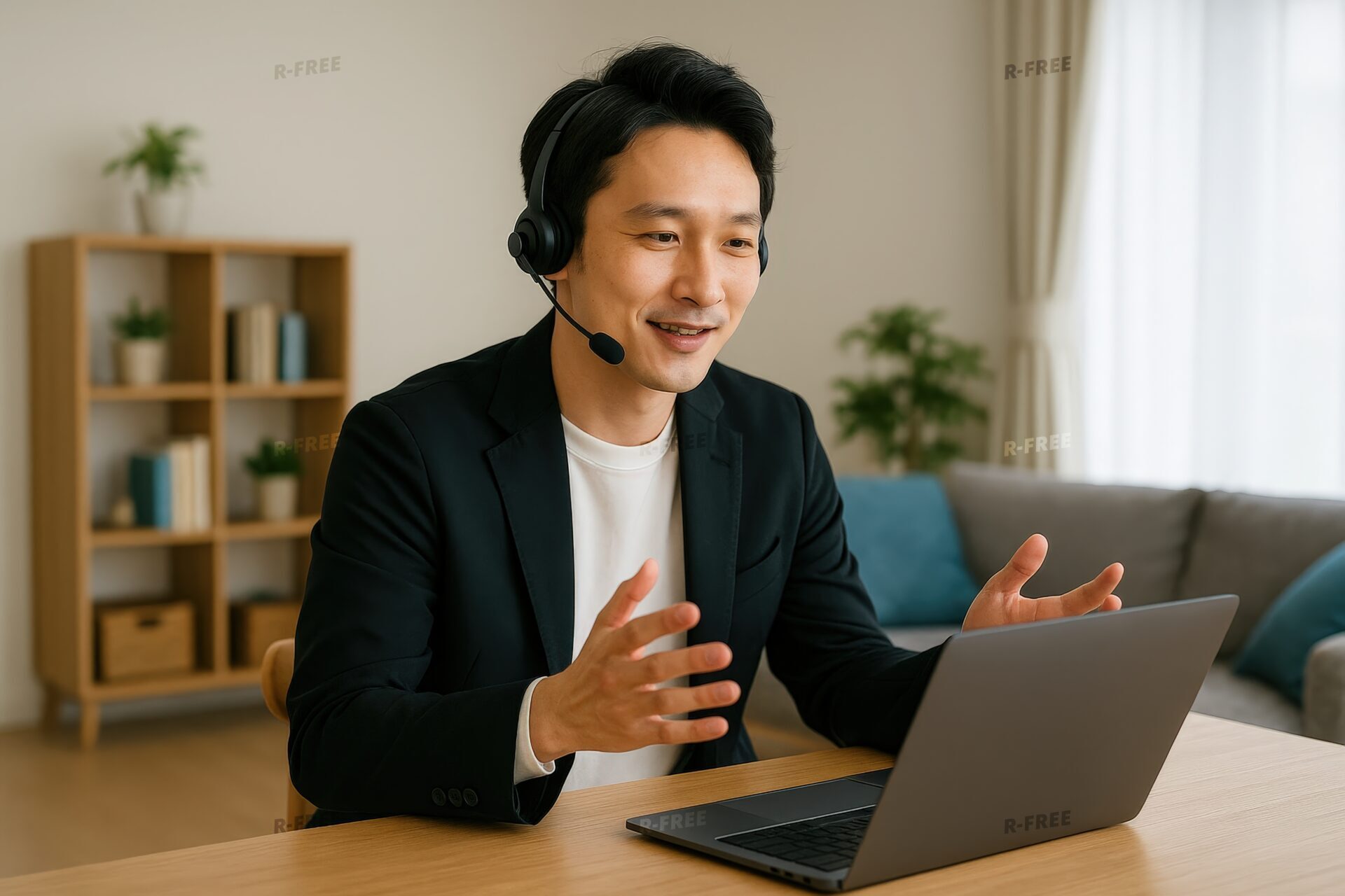 笑顔で会話するヘッドセット着用の30代ビジネスマンのオンライン会議