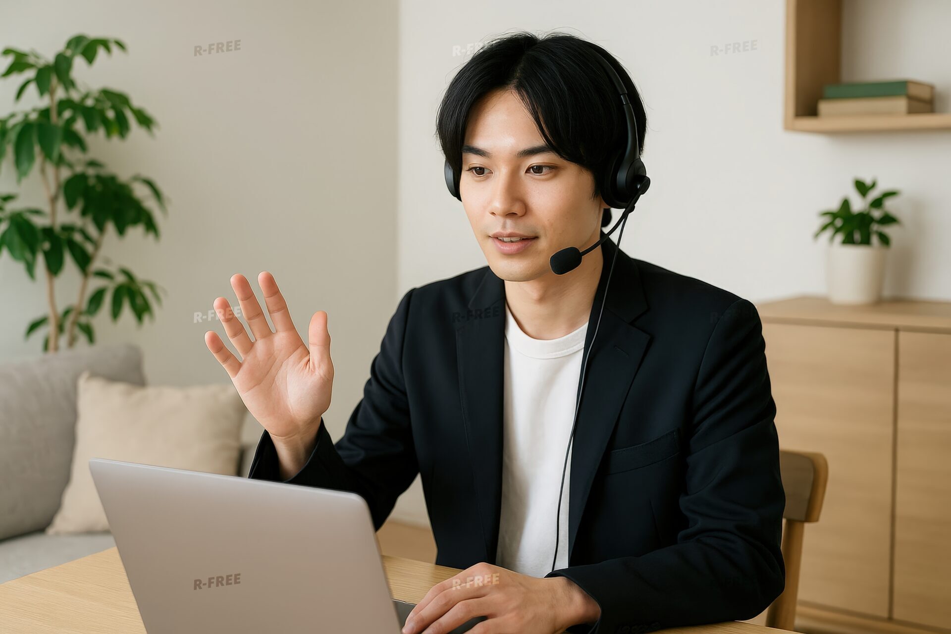 笑顔で手を振るヘッドセット着用のビジネスマンのオンライン会議