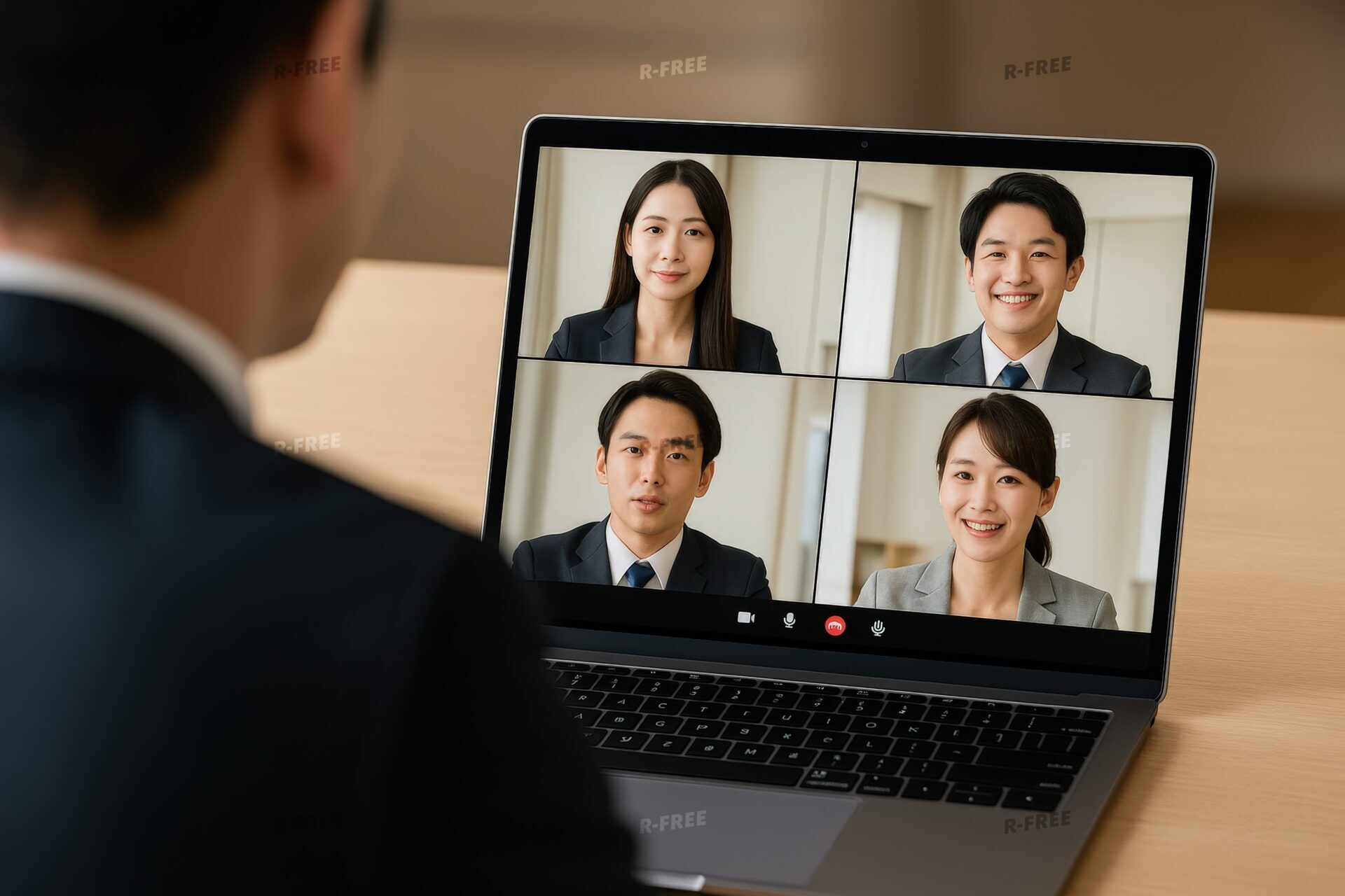 スーツ姿の30代男性が4人の男女とビデオ会議